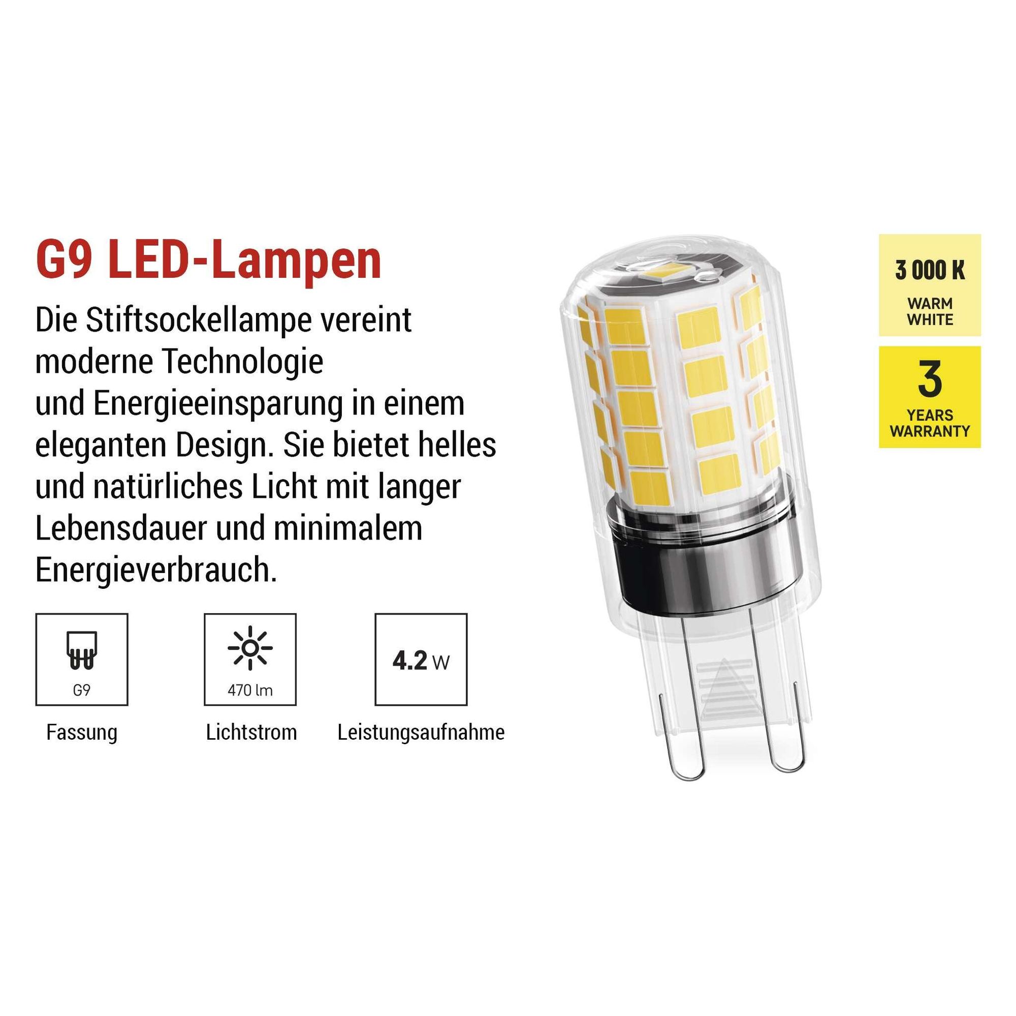 EMOS G9 LED Lampe CLASSIC, 2er Pack, 4,2 W ersetzt 40 W Halogenlampe, G9 Pin Lampe JC mit Helligkeit 470 lm, Warmweiß 3000 K, langlebig, ZQ9E22.2