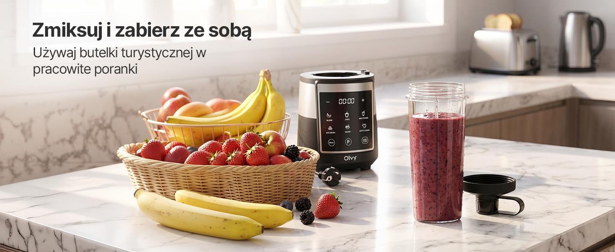 Olvy Blender Pro kielichowy, szklany dzbanek 1,5 l, kubek Tritan 600 ml, ekran dotykowy, Pulse, Auto-Clean, smoothie maker i ice crusher