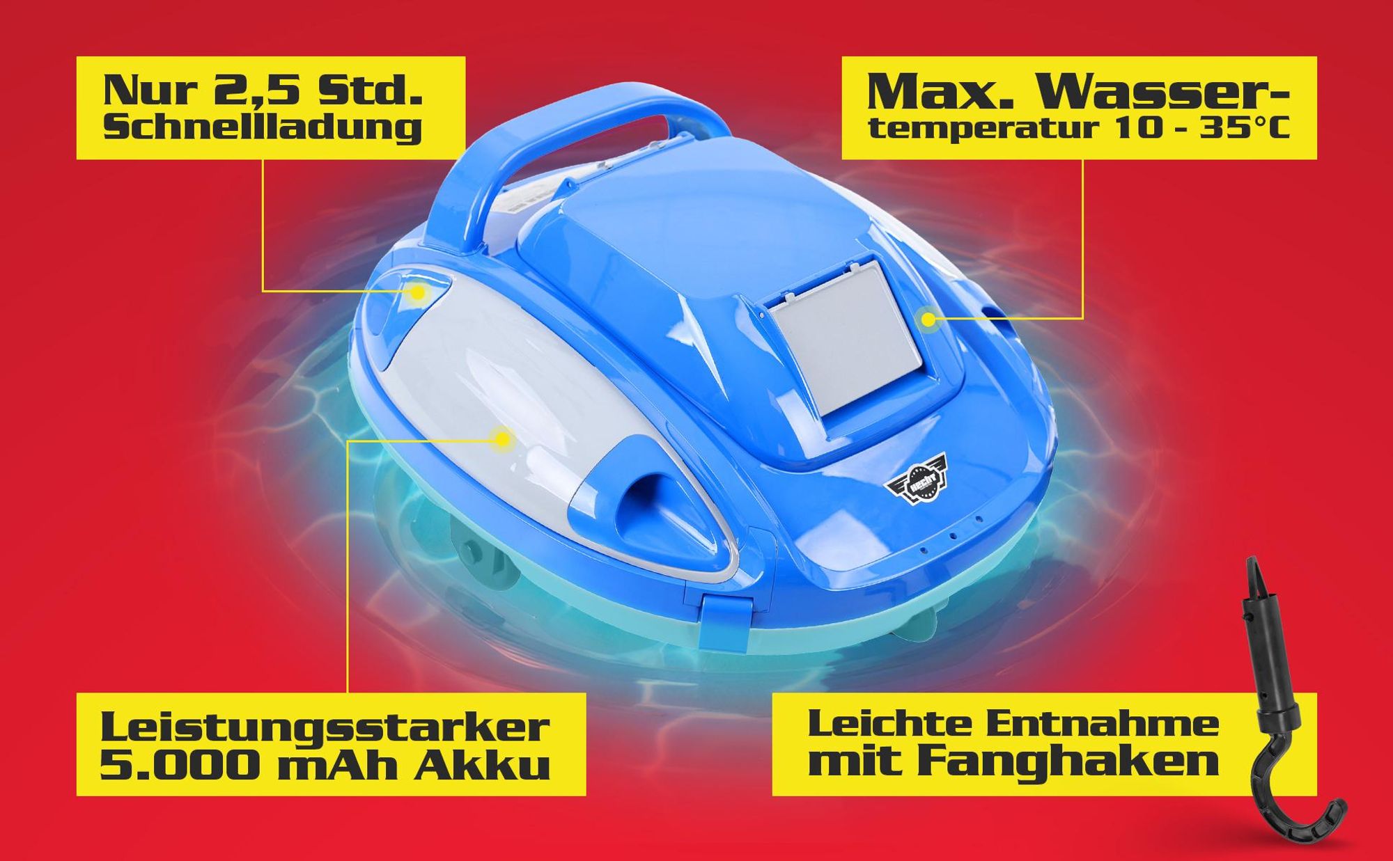 HECHT Poolroboter Bluesea 85 | 1-Klick-Bedienung | 110 min Laufzeit | bis 85 m² | 5000mAh Akku | Leichte 3 kg