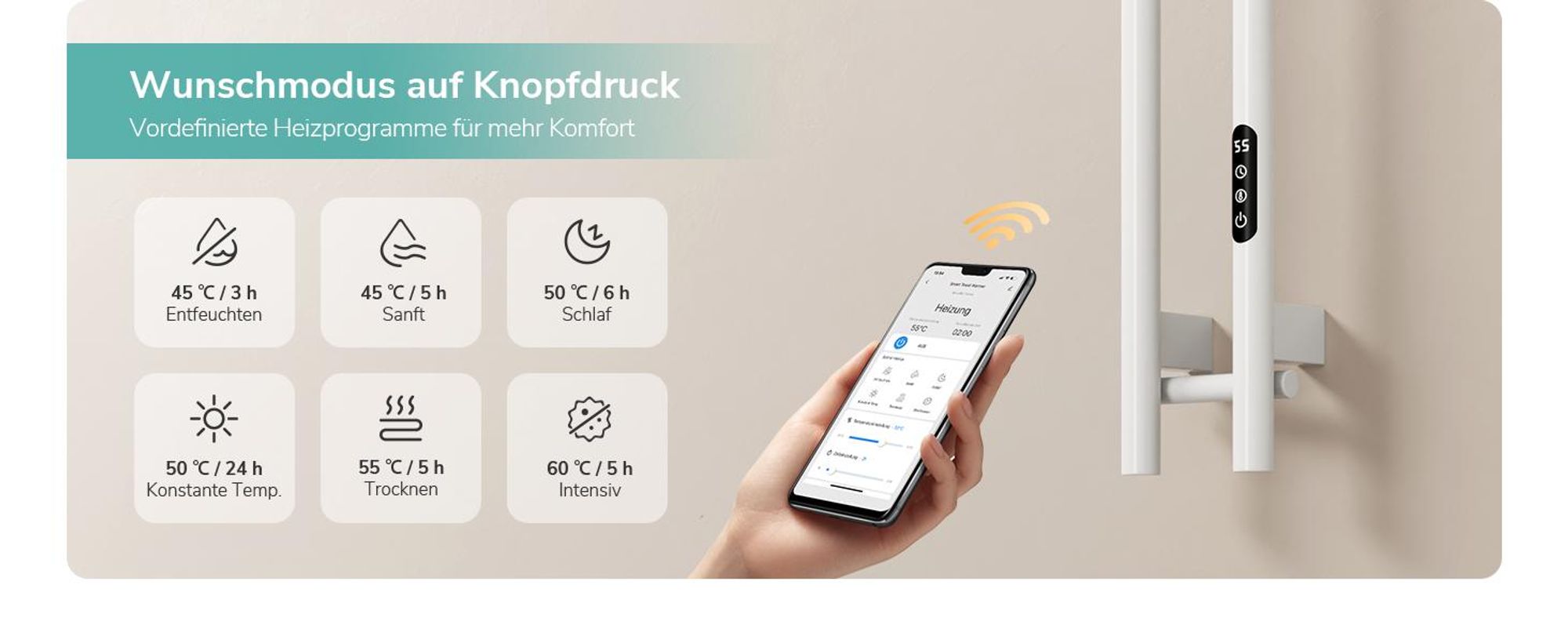 EMKE Elektrischer Handtuchheizkörper WLAN-App Steuerung mit Wochenprogramm LED Touchscreen Kompakt 2-Rohr Handtuchtrockner 120x12,4cm 145W Weiß