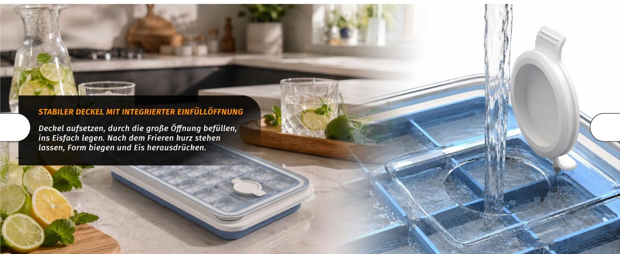 Arendo Eiswürfelform Silikon mit Deckel und Einfüllöffnung, 230ml, 24 Eiswürfel, spülmaschinengeeignet, stapelbar, quadratisch, leichtes Herauslösen, BPA-frei