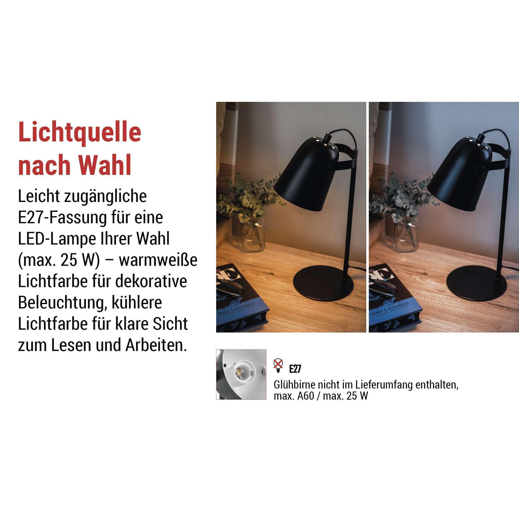 EMOS Design Schreibtischlampe NINA aus Metall mit E27-Fassung, Nachttischlampe mit 150 cm Kabel und Eurostecker, ohne Glühbirne, Schwarz, Z7642B
