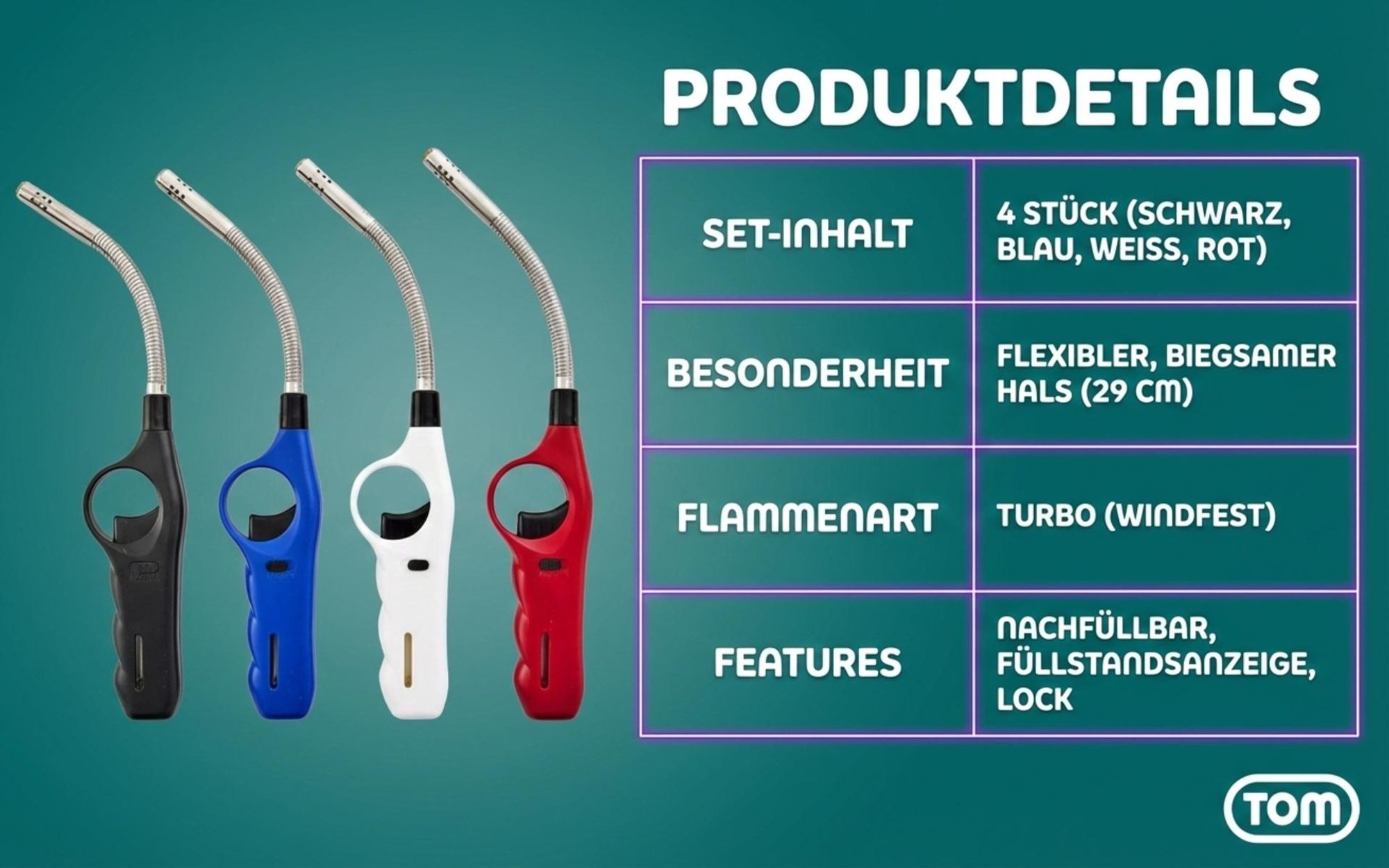 TOM Stabfeuerzeug Sturmfeuerzeug flexibler Stab Jet-Flamme 4er Set nachfüllbar 29cm