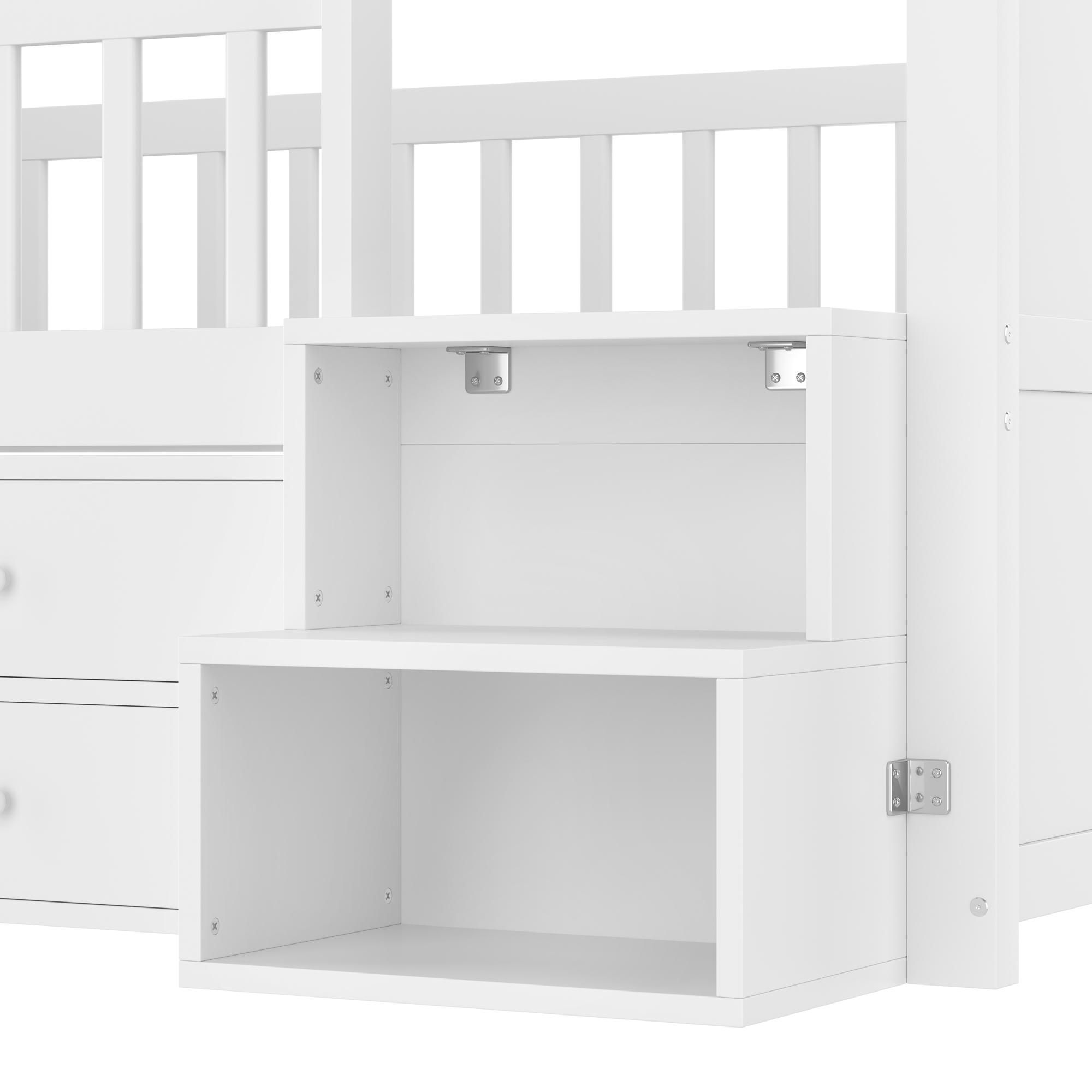 Merax Kinderbett 90x200cm, Hausform Halbhohes Etagenbett, mit LED Beleuchtung, 4 Schubladen, Regal, Hoher Zaun, Jugendbett, Hochbett, Massivholz, Weiß