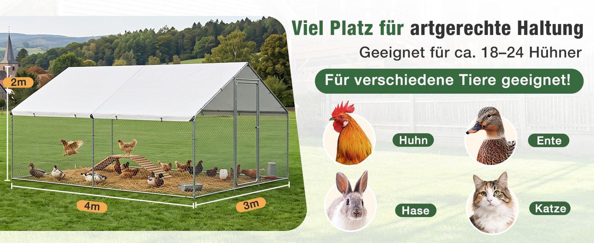 Sekey Hühnerstall Freilaufgehege XXL Stahl Voliere Hühnergehege 4x3x2m Kleintiergehege wetterfest für 18-24 Hühner Kleintiere Schloss Freigehege