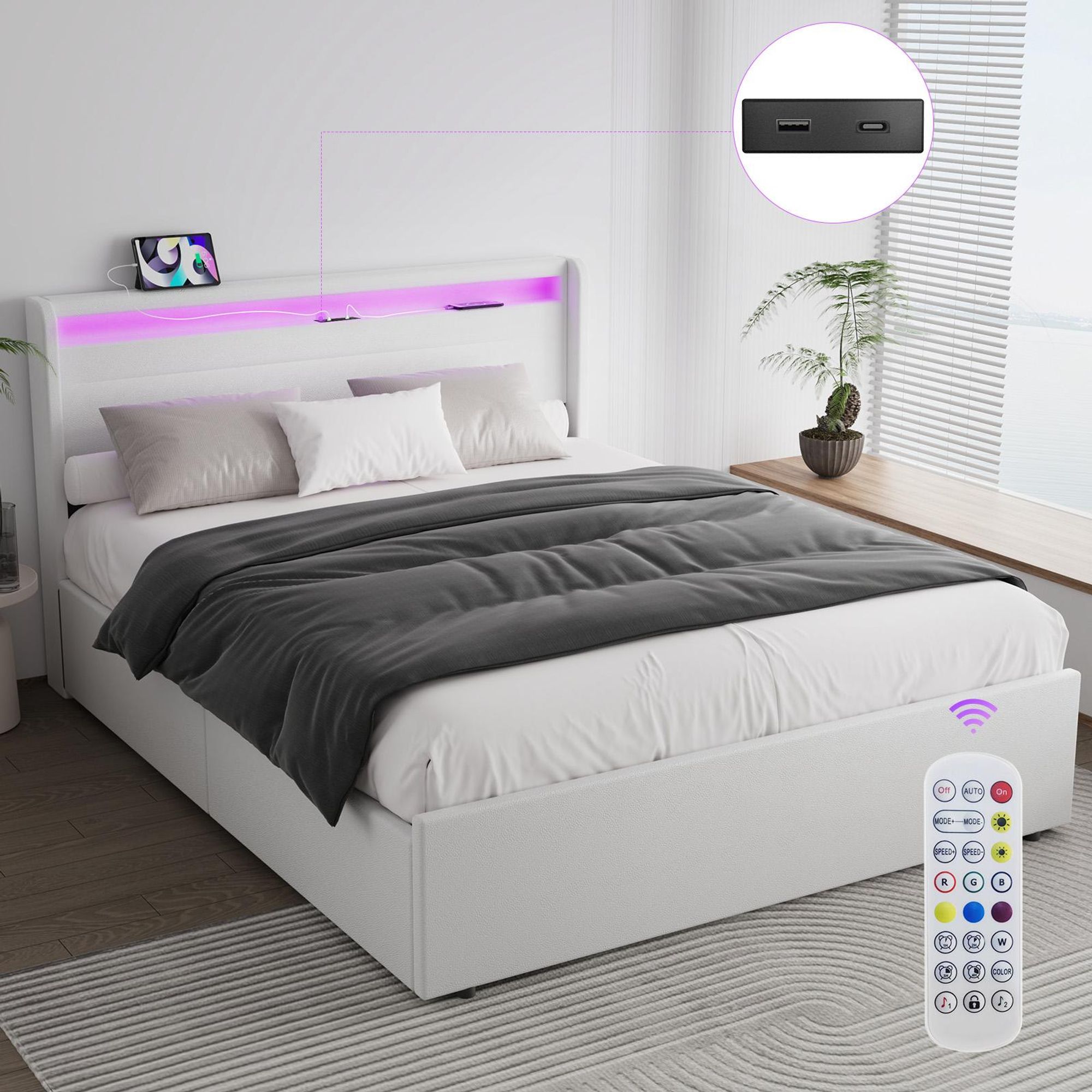 OYAJIA 140 cm x 200 cm Polsterbett LED-Beleuchtung Doppelbett mit Ladefunktion (USB&Typ-c),und 4 Schubladen,Jugendbett Bettgestll
