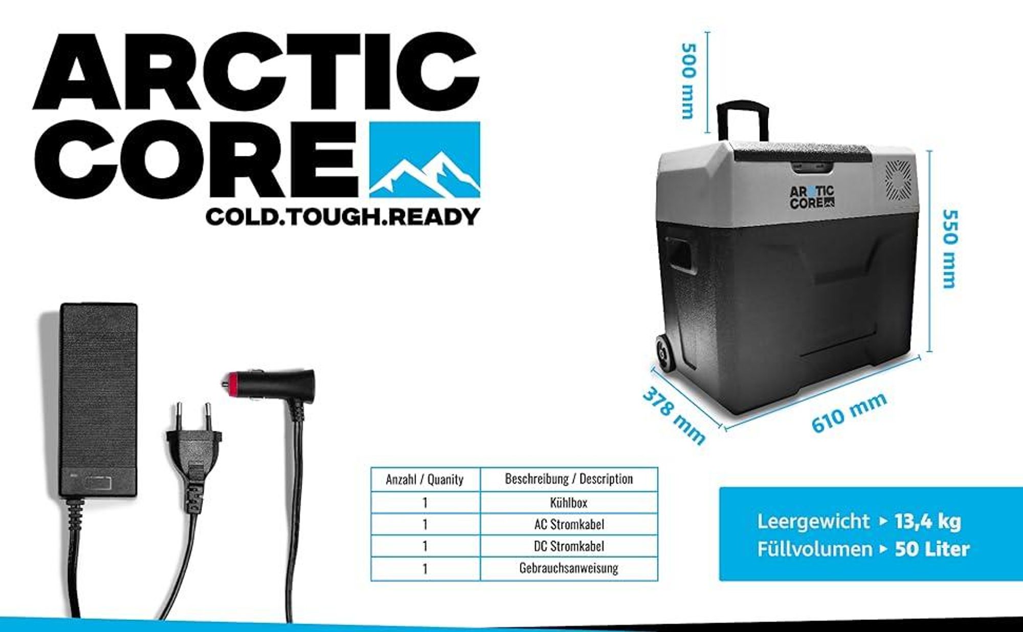 Belko® ArcticCore Kompressor Kühlbox 50L – elektrische Kühl- & Gefrierbox – 12/24V & 100–240V – große tragbare Camping Kühltruhe – grau