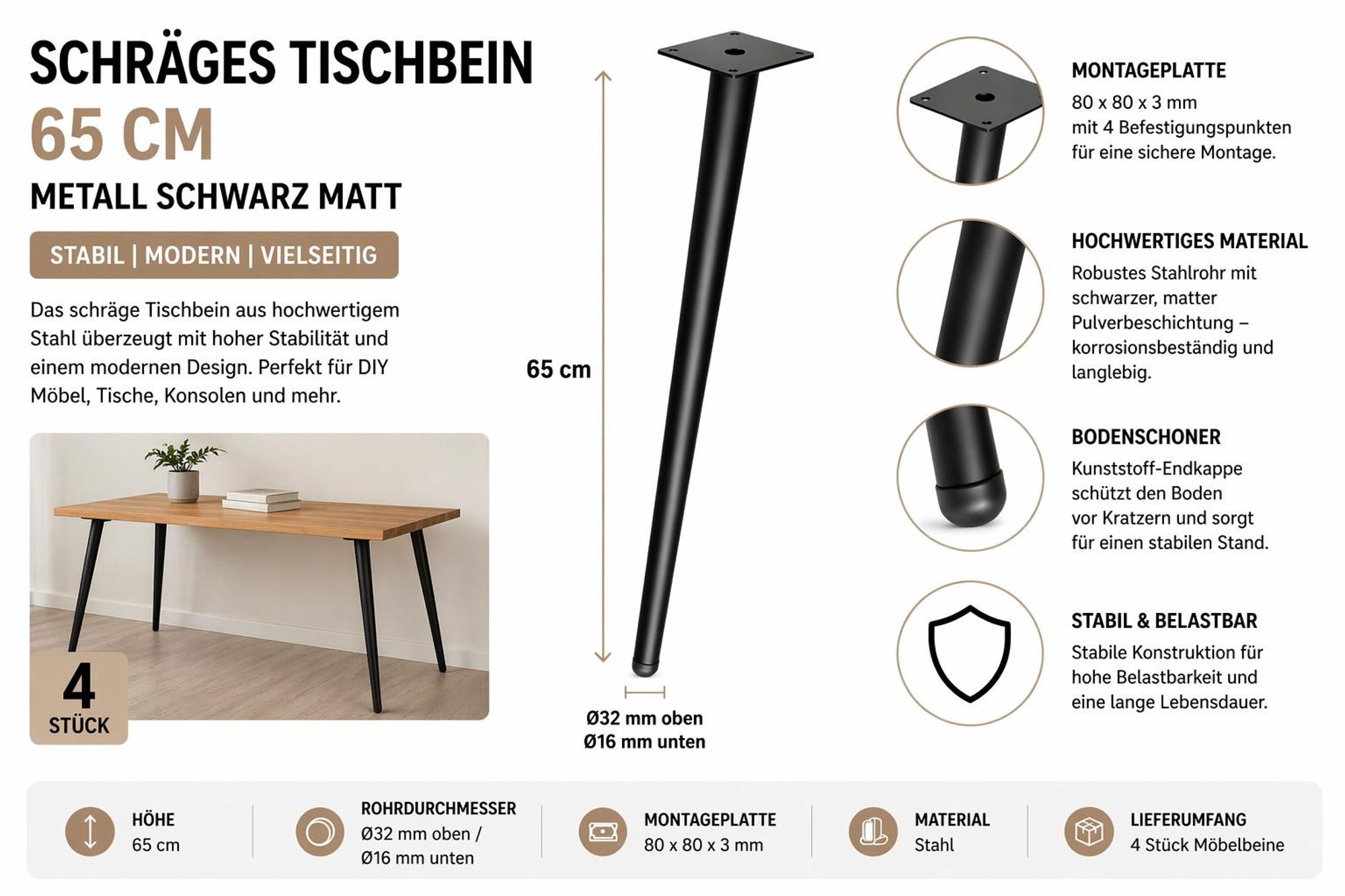 Schräges Tischbein 65 cm Metall Schwarz Matt – 4 Stück