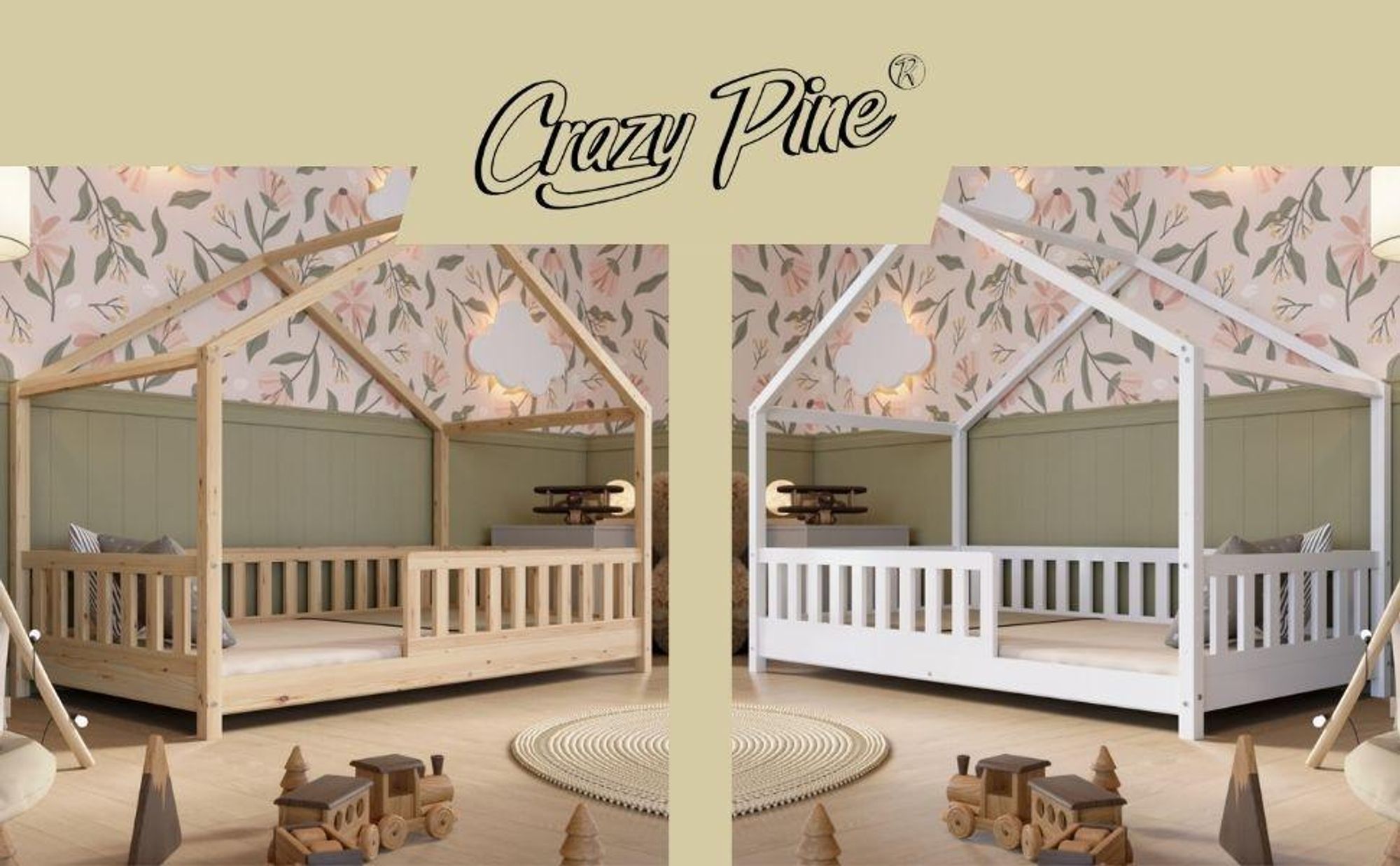 Crazy Pine Letto a Casetta Bianco 140x200 cm – Letto da Pavimento in Legno per Bambini – Gambe Regolabili e Barriera Rimovibile – Crazy House