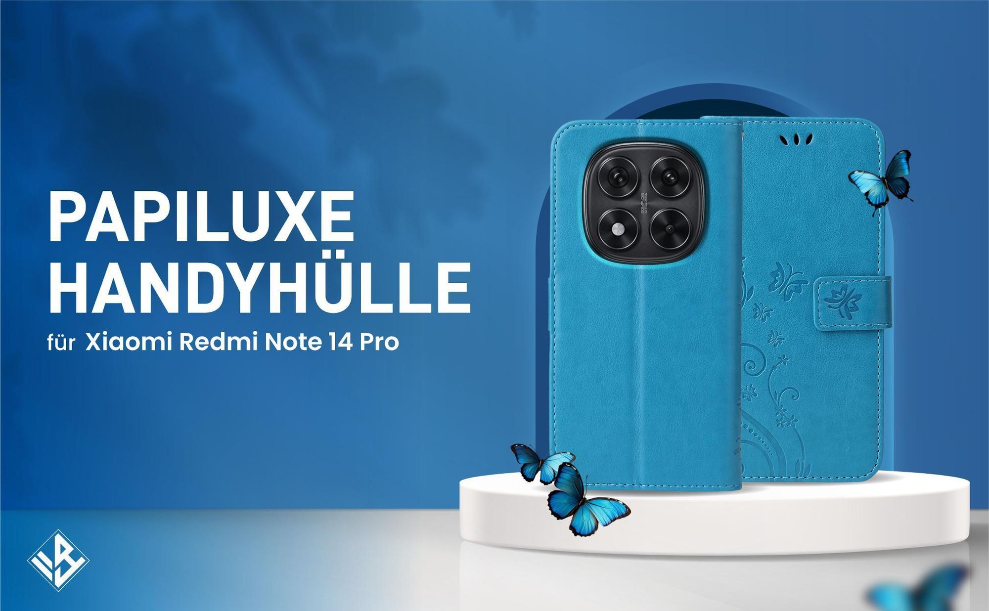 Blaue Klapphülle im Schmetterling Design für Xiaomi Redmi Note 14 Pro mit Wallet-Funktion 	90