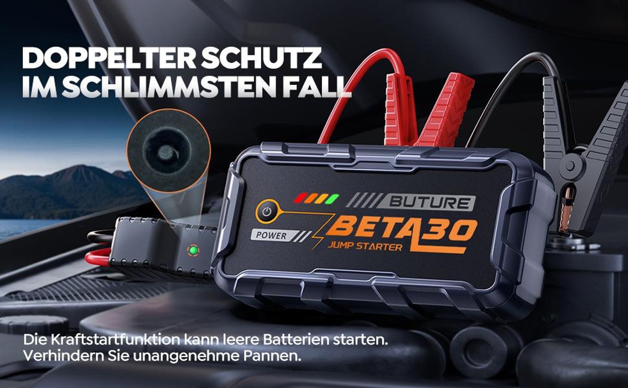 Buture Starthilfe Powerbank, 6000A 26800mAH, Starter Powerbank Auto Starthilfe, Drei-in-Eins-Startnetzteil, Starthil