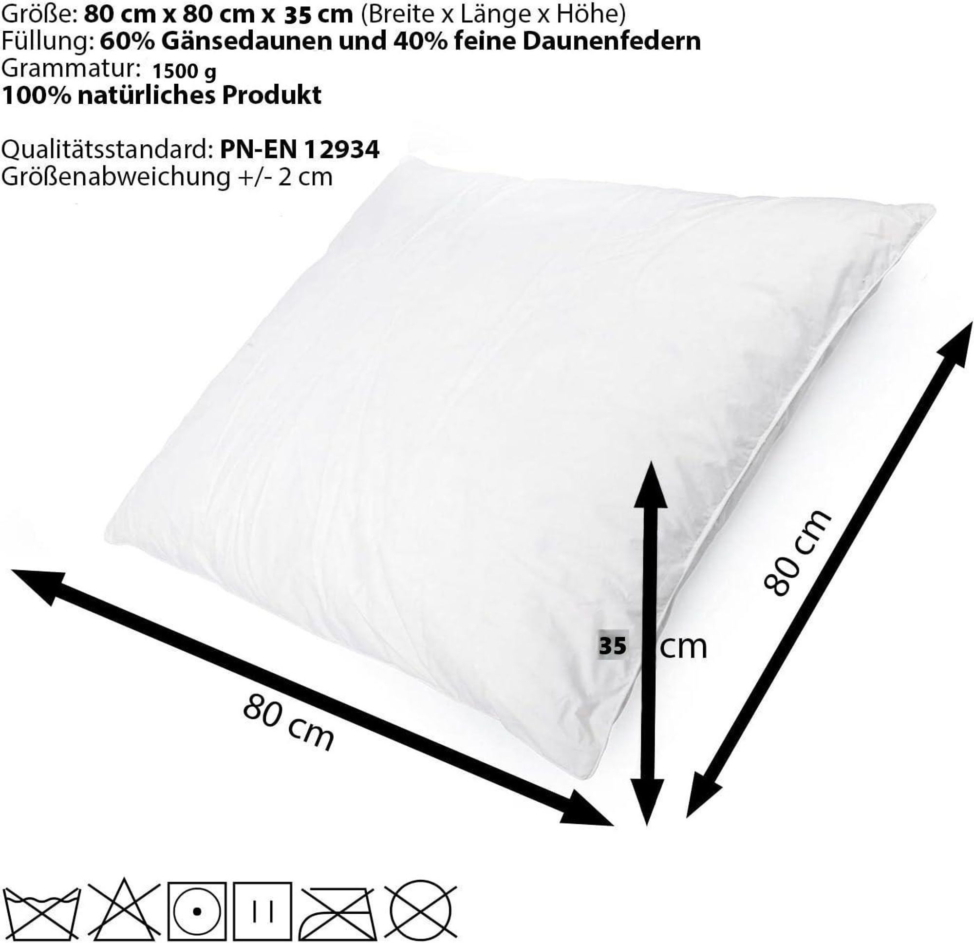 4-er Set | Kopfkissen 80x80 cm | Füllung: 1500 Gramm Daunen | 100% Natur Kissen | Bezug: 100% Baumwolle | Daunenkissen 80 x 80 cm