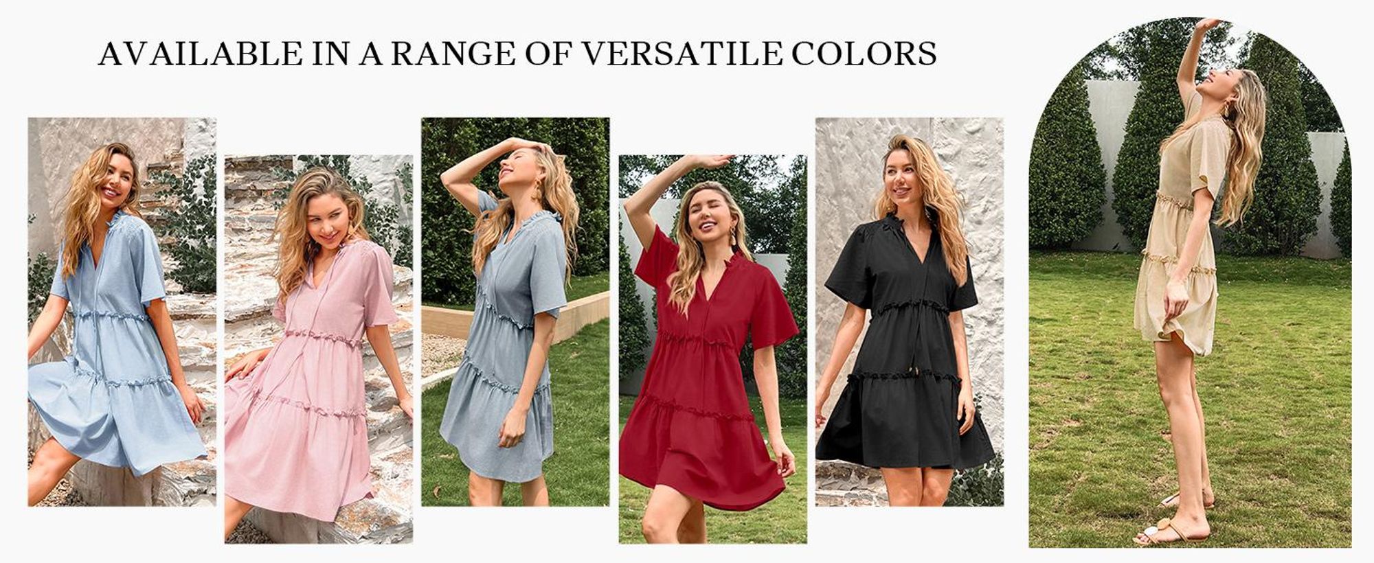 Damenkleid mit V-Ausschnitt und Kordelzug – kurzärmeliges Babydoll-Kleid mit Rüschen