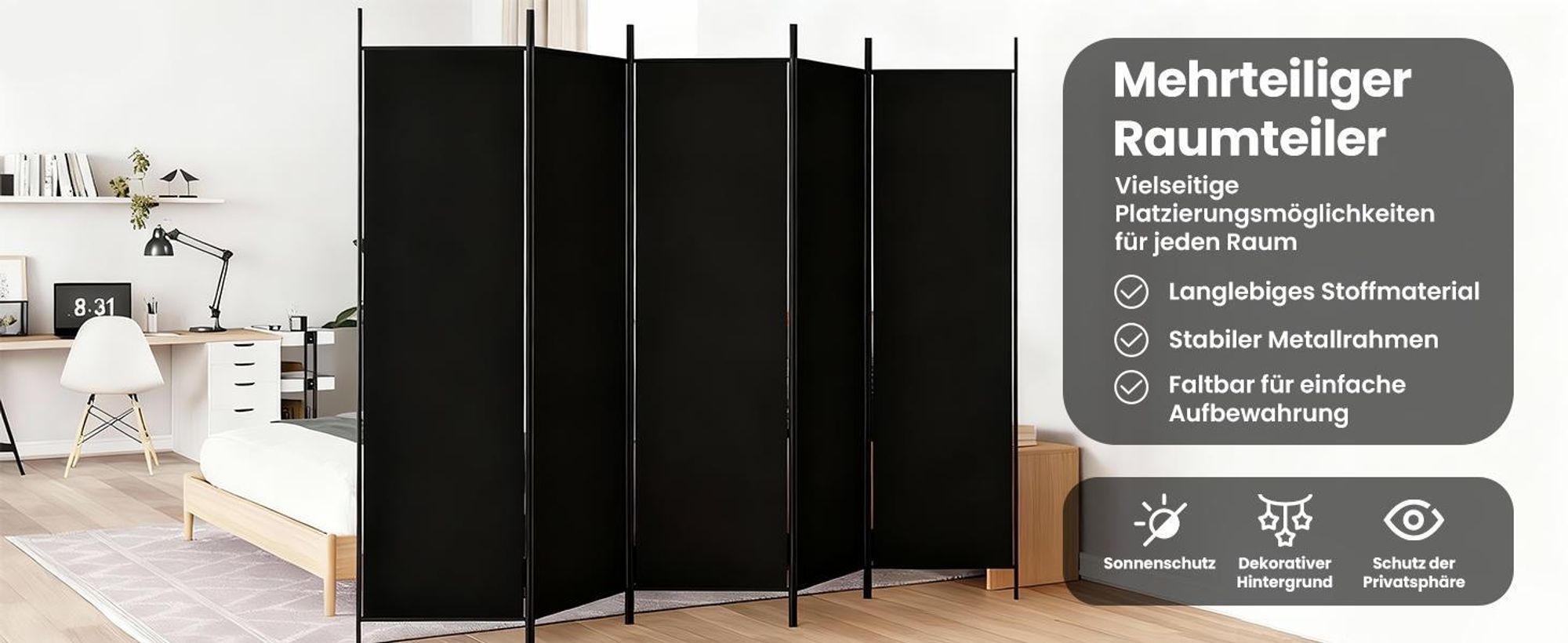 vidaXL 5-tlg. Paravent Schwarz 250x200 cm Stoff