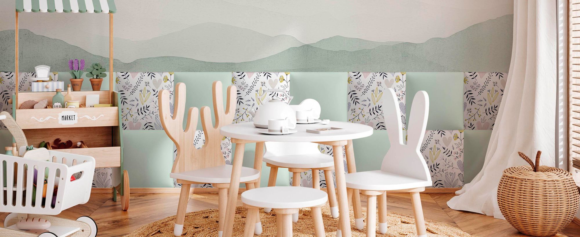 Muralo Gepolstertes Wandpaneel mit Aufdruck für Kinder POLSTERPANEEL 30x30 Paneel Wandpolster Dinosaurier Skandinavischer Stil Wanddeko für Kinderzimmer