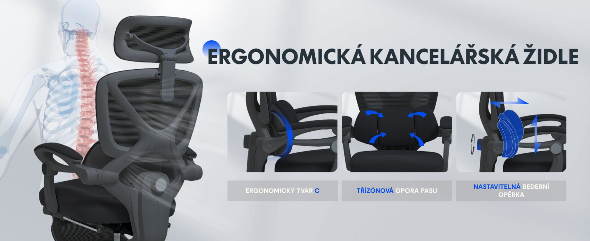 Ergonomická kancelářská židle FLEXISPOT s 3D opěrkou hlavy, nastavitelnou bederní opěrkou, funkcí houpání 90-135°, spojovacími područkami, podnožkou, 136 kg černá