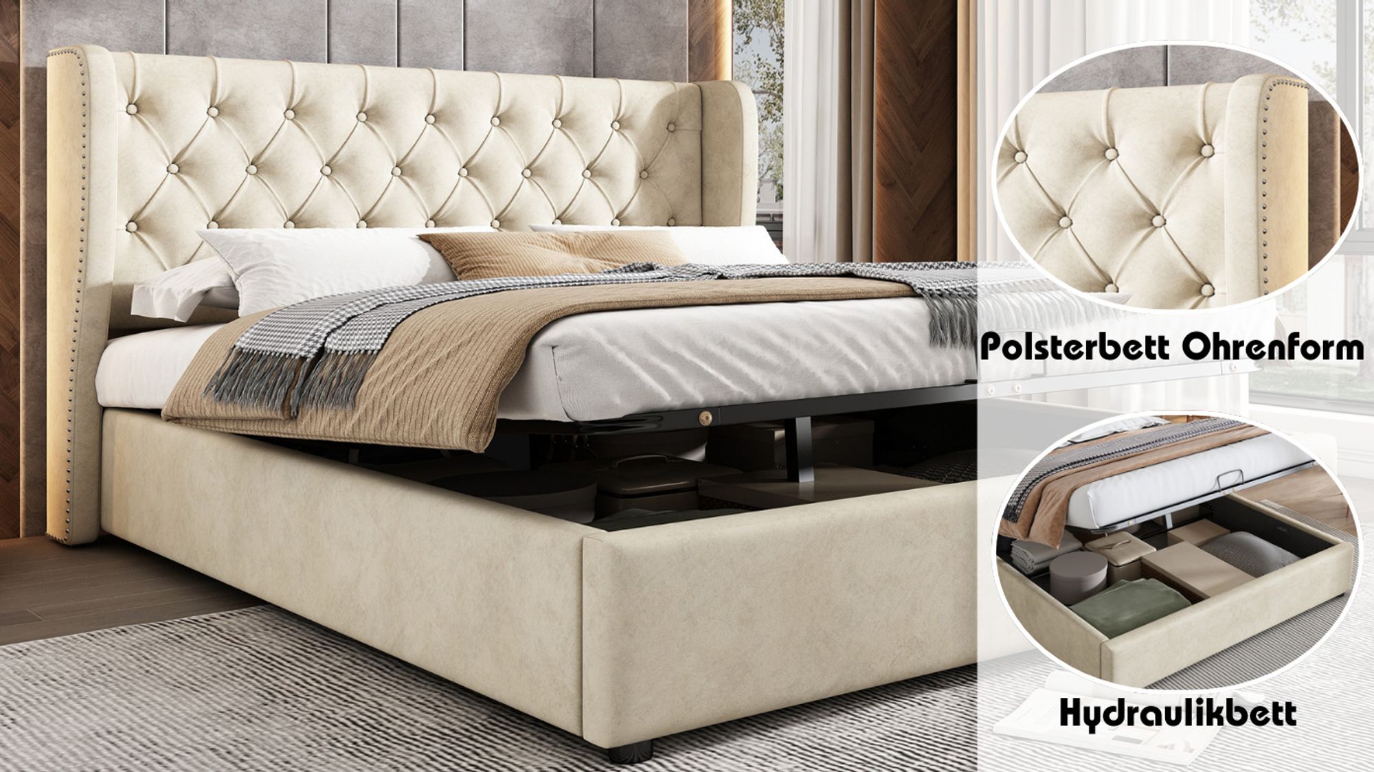 okwish Polsterbett 180*200cm Hydraulisches Doppelbett mit Stauraum, Bettkasten, Samtstoff, ohne Matratze- Beige