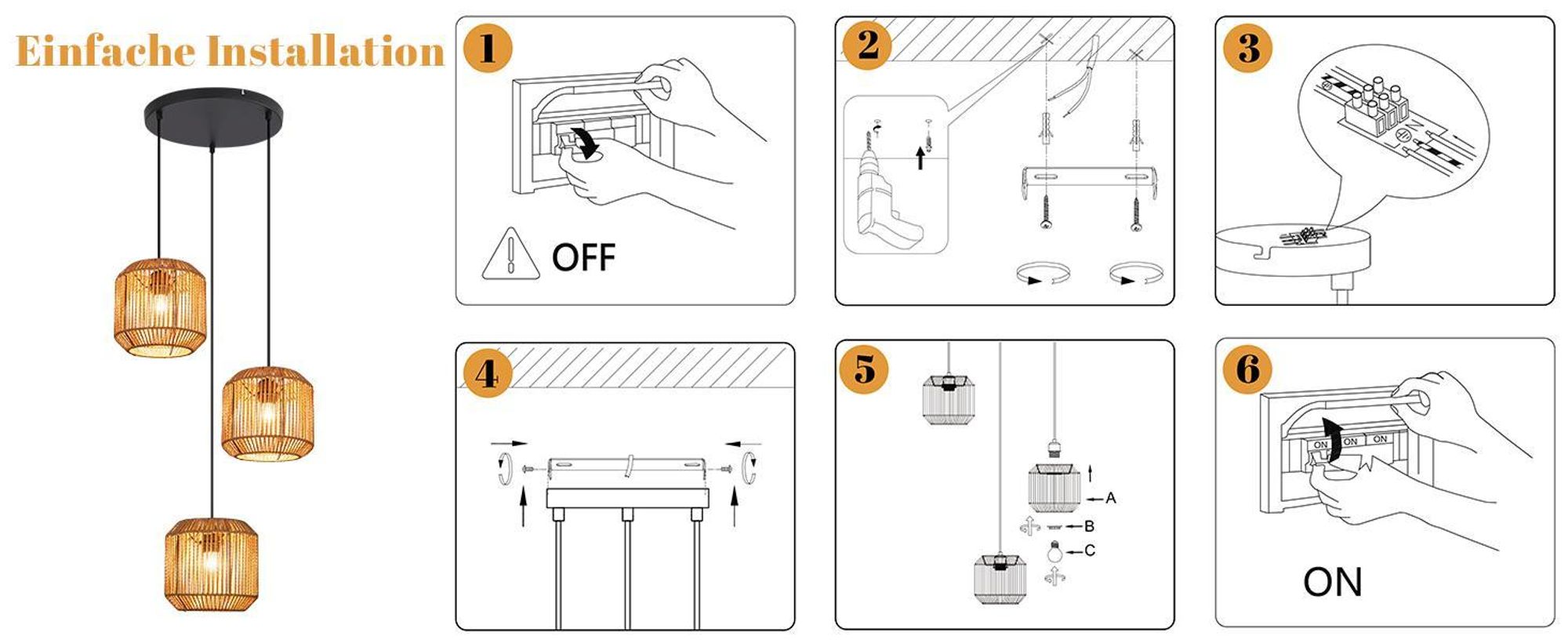 ZMH Pendelleuchte Boho Hängelampe Rattan Lampe Hängend Höhenverstellbar 3 flammig Esstischlampe mit E27 Fassung für Schlafzimmer Ohne Leuchtmittel