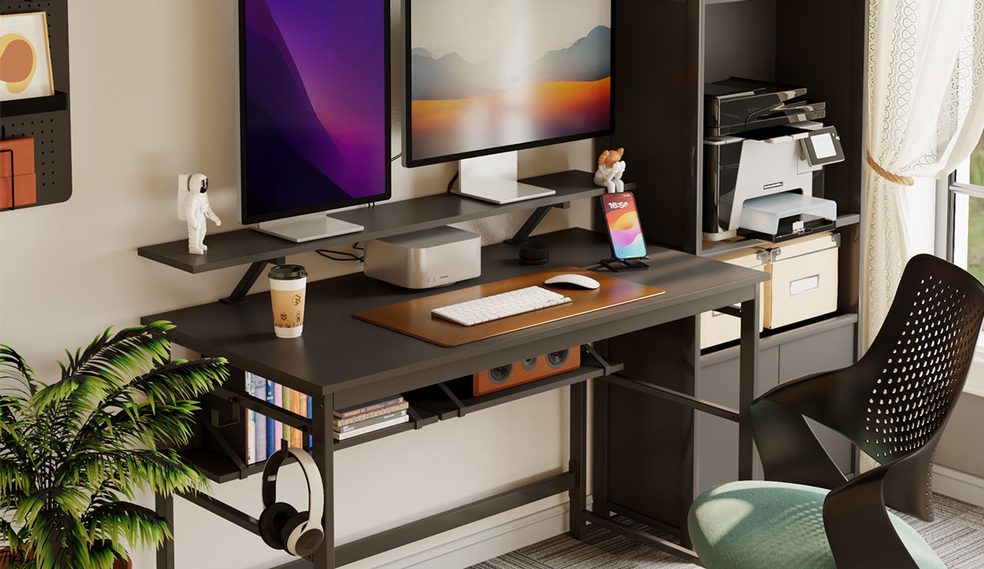 Mondeer Schreibtisch Computertisch mit Monitorständer und 2 Ablagen Eckschreibtisch Bürotisch Arbeitstisch 120 x 90 x 60 cm Schwarz