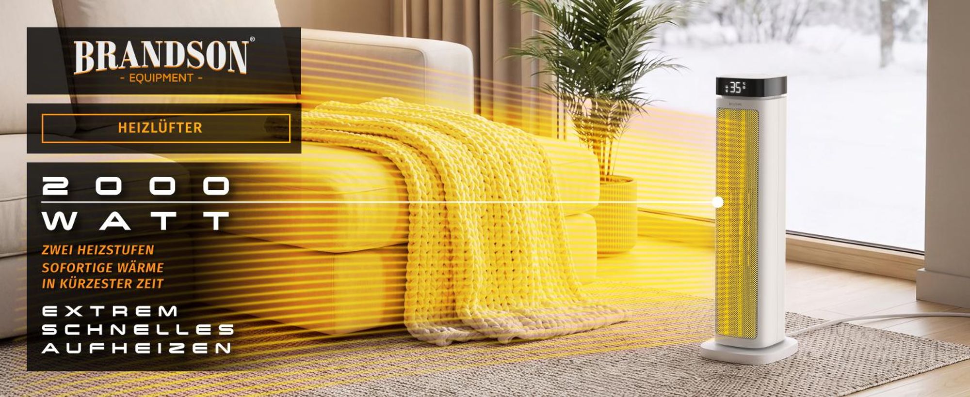Brandson Keramik Heizlüfter 2000 W mit PTC-Technik, 2000 Watt und zwei Heizstufen
