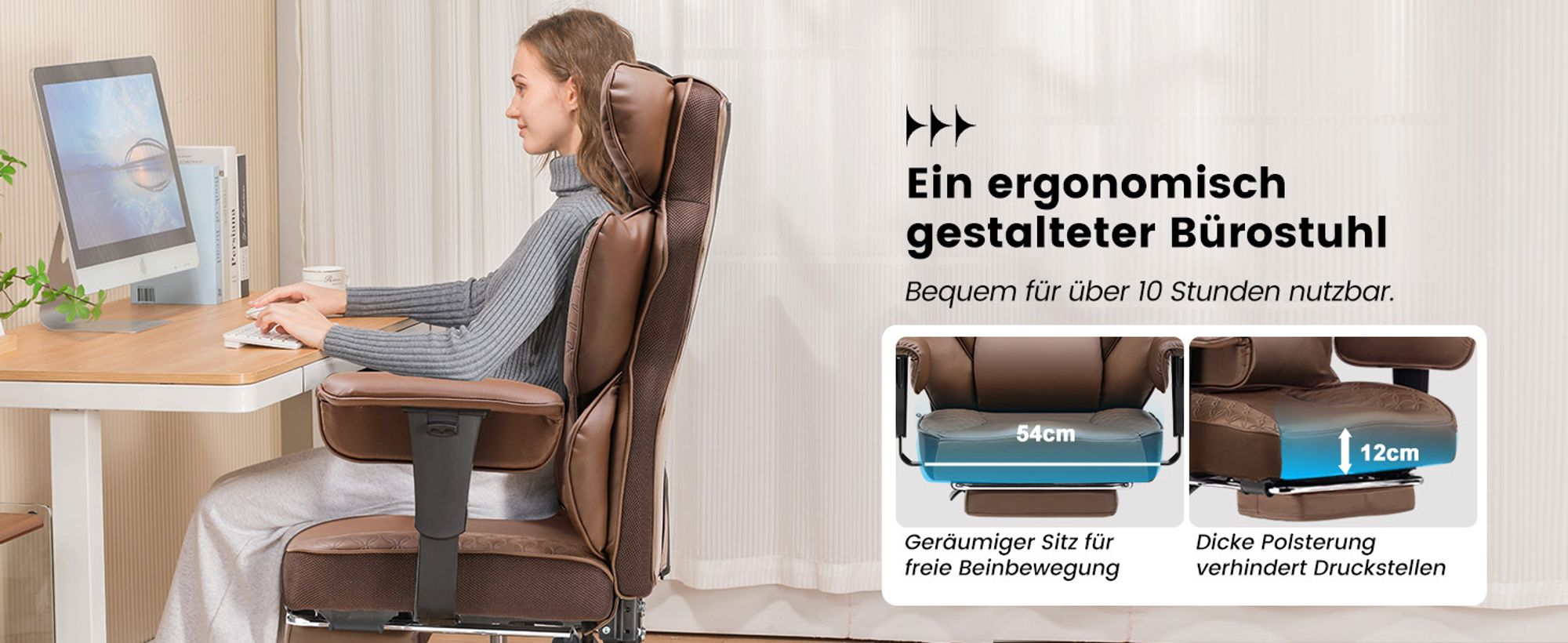 COMHOMA Gaming Stuhl, ergonomischer Bürostuhl, Schreibtischstuhl mit verstellbare Armlehnen, Taschenfederkern-Lendenwirbelstütze  150 kg, braun
