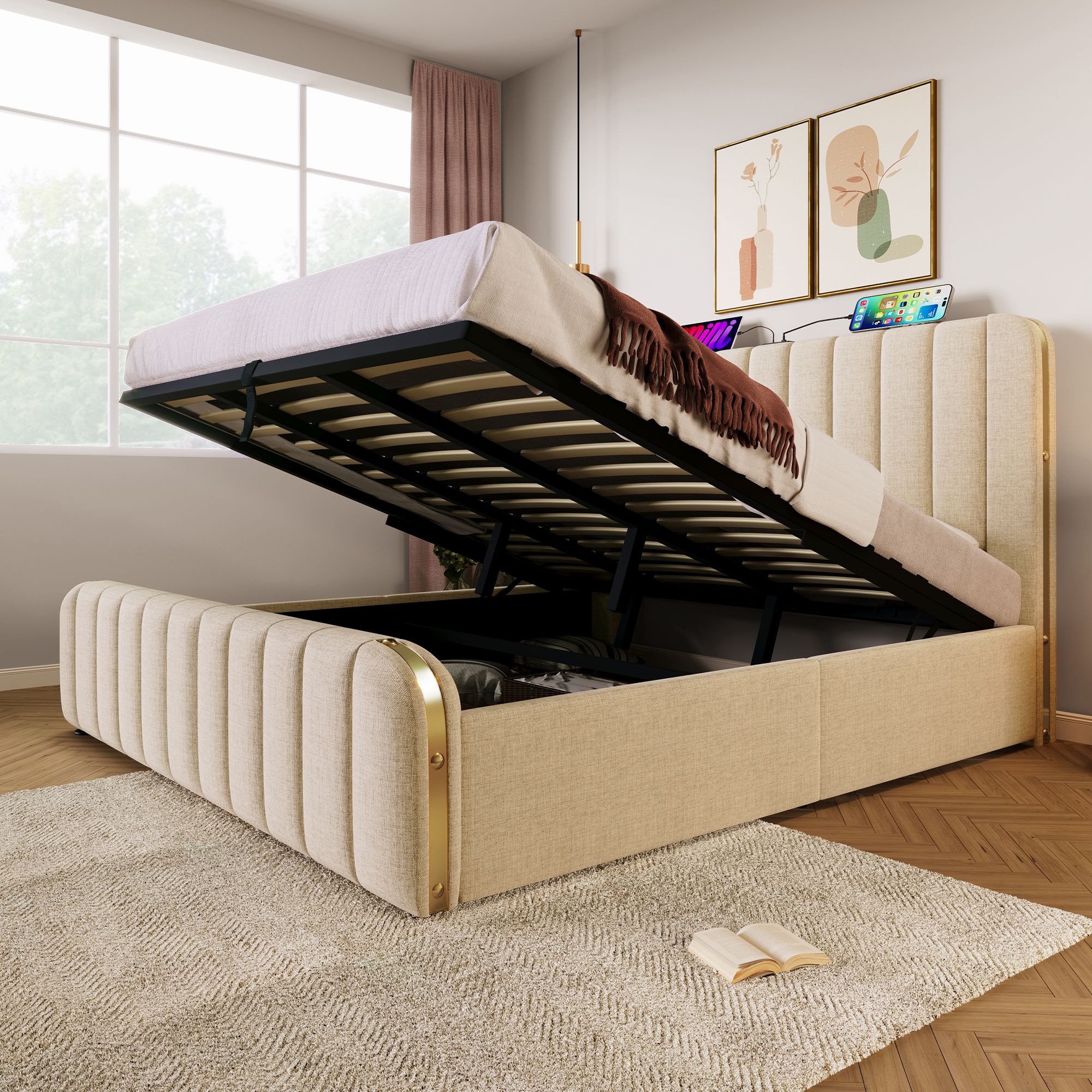 Flieks Polsterbett 180x200cm mit Ladefunktion (USB, Typ-C), Doppelbett Stauraumbett mit Lattenrost, Hydraulisches Jugendbett Boxspringbett, Leinen