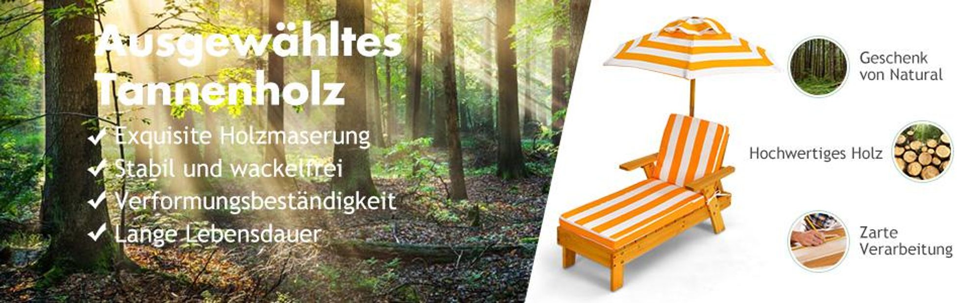 COSTWAY Kinder Sonnenliege mit Sonnenschirm, Kinderliege Holz, Gartenliege belastbar bis 50kg, Strandliege Holzliege, Kinderstuhl mit Kissen 92x49x106cm