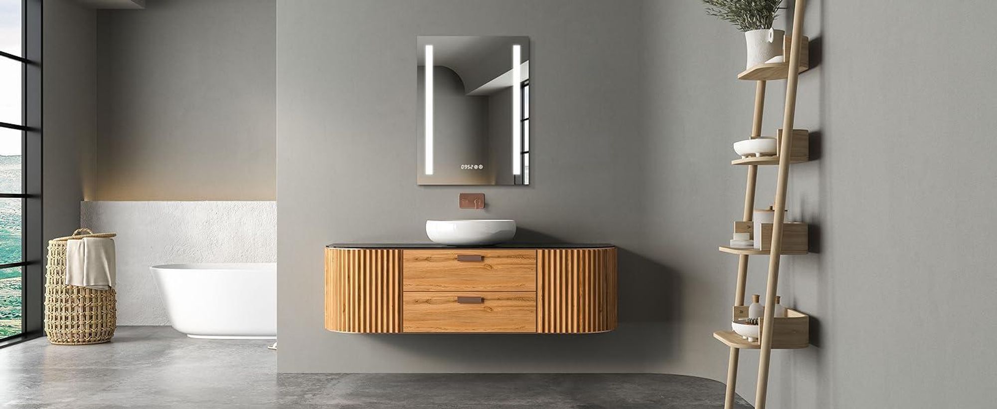 HOKO specchio da bagno LED antiappannamento da parete 60x80cm+orologio+cambio LED (bianco caldo-bianco freddo-neutro. con interruttore a sfioramento e accendibile con interruttore a parete)