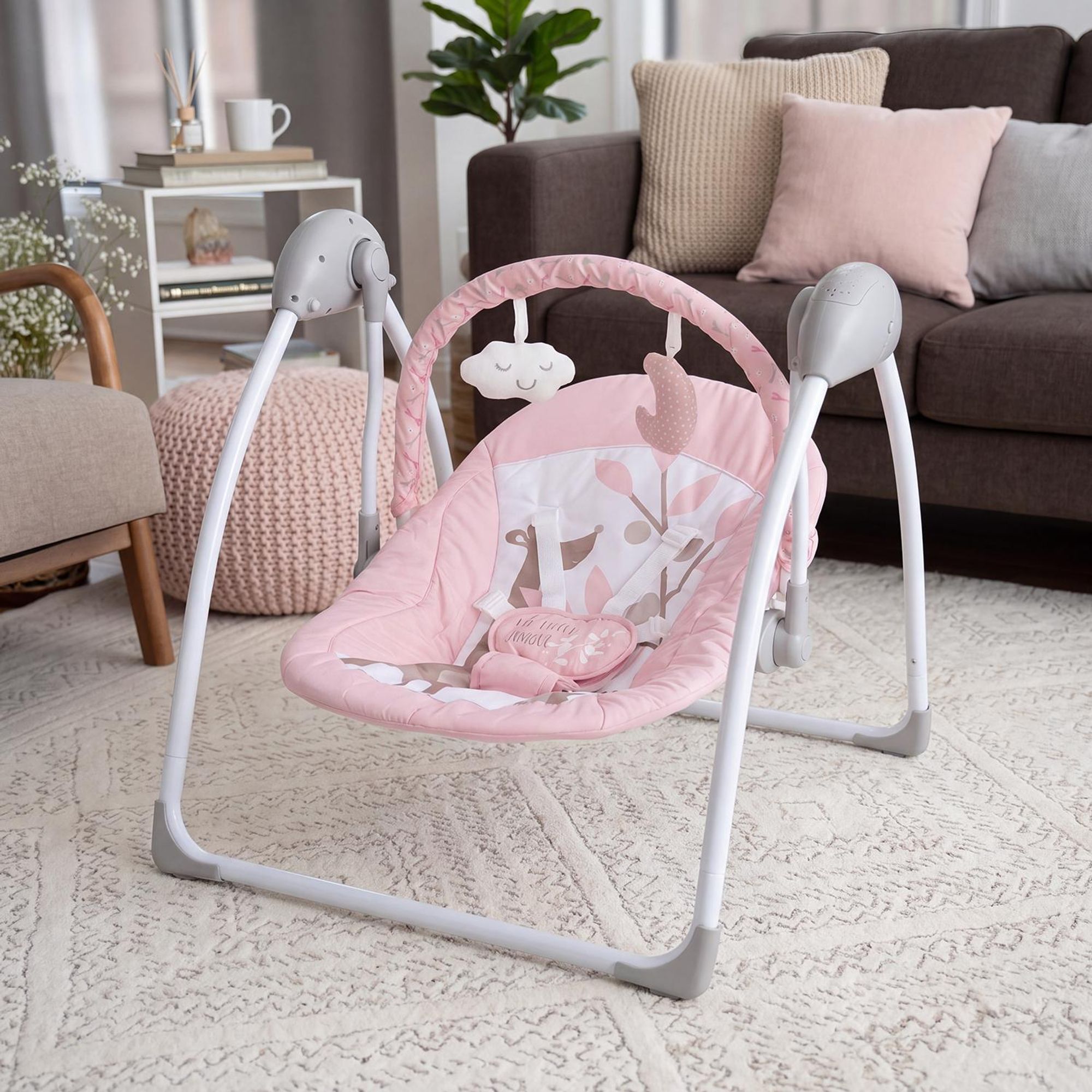 OYAJIA Babyschaukel Babywippe mit Spielbogen Spielzeugen 5 Schaukelgeschwindigkeiten,3 Zeitschaltuhreinstellungen