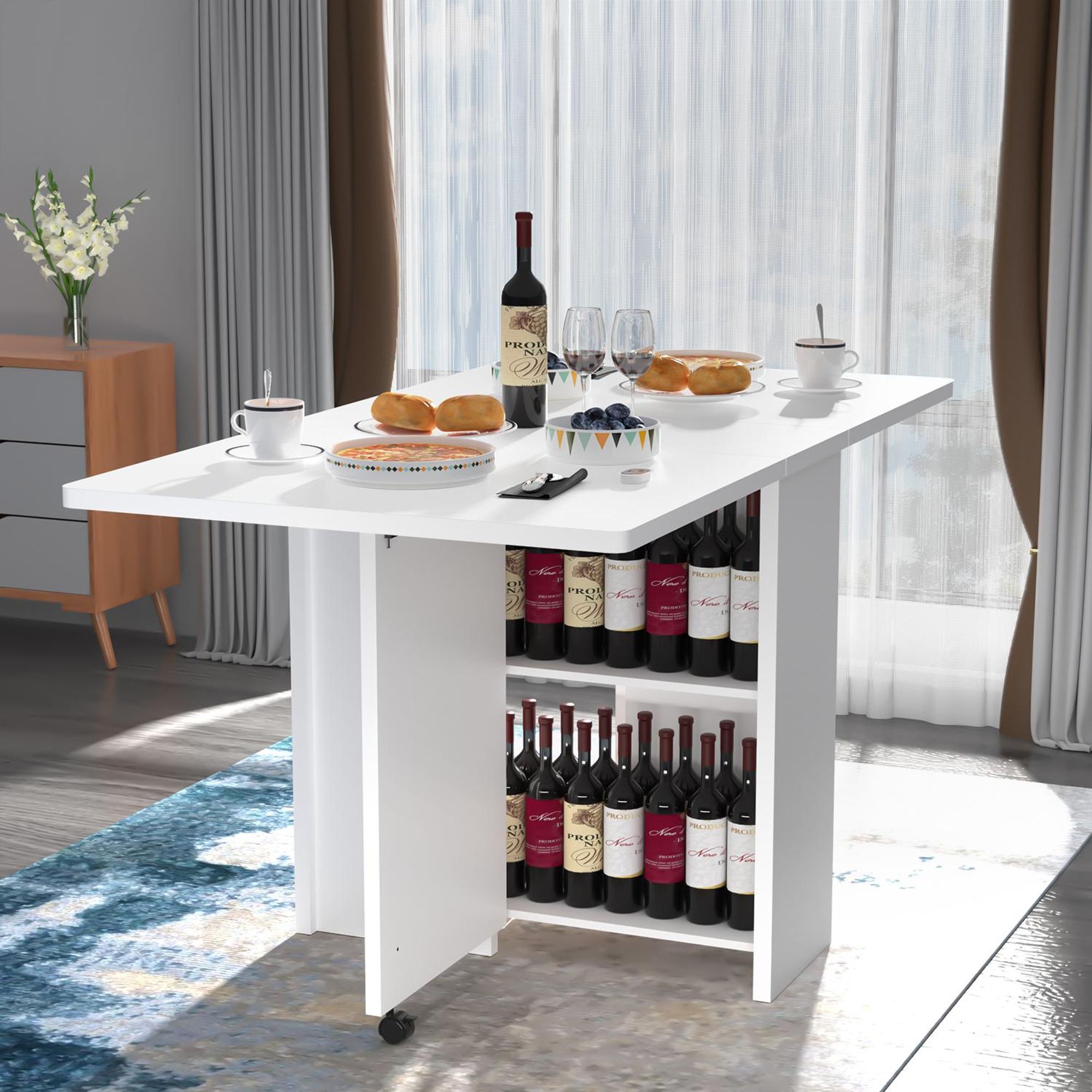 OYAJIA Klapptisch Esstisch Klappbarer Tisch mit Offenen Ablagen und Riemenscheibe für Kleine Räume, Esszimmer 140 x 75 x 74 cm, Weiß, Küchentisch
