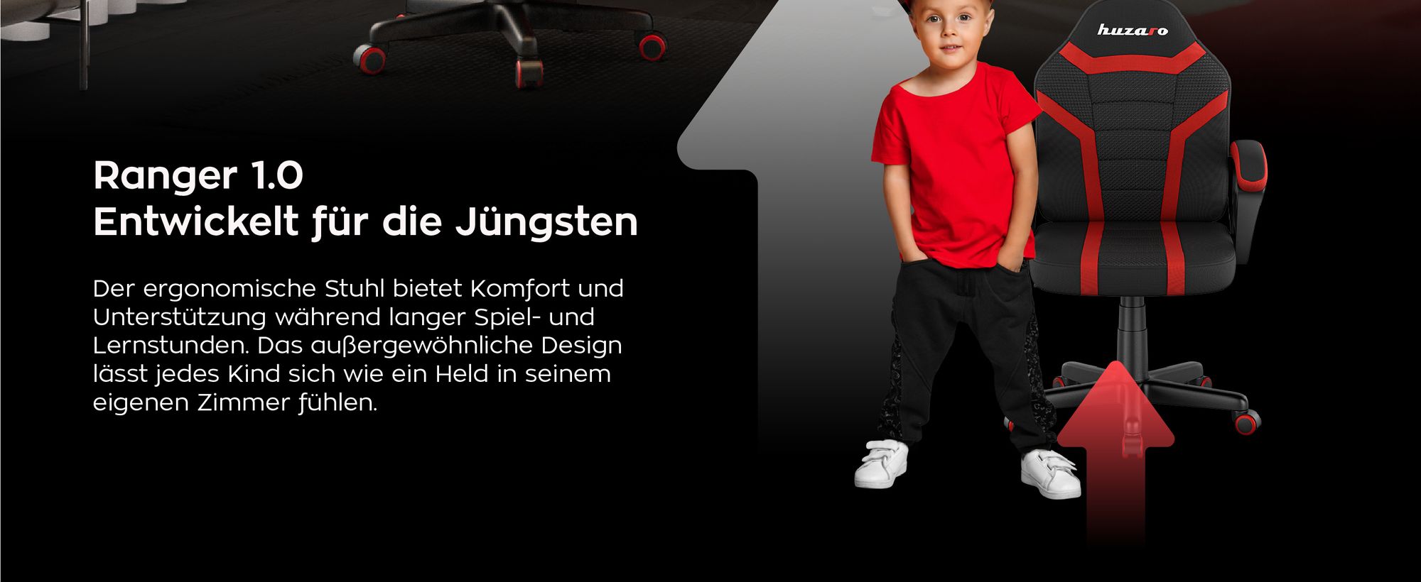 Huzaro Schreibtischstuhl Kinder Ranger 1.0 Gaming Stuhl Racing Sessel Bürostuhl Drehstuhl Gamer bis 130 kg mesh Rot