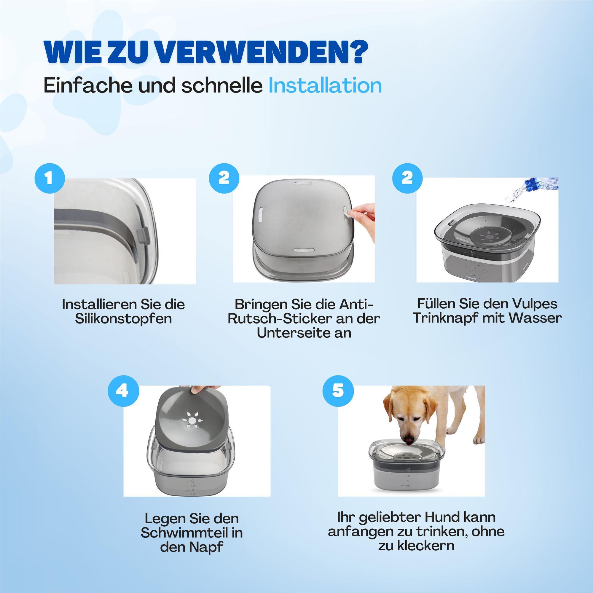 Vulpes Goods Wassernapf für Hunde, 2L Auslaufsicher Trinknapf Reisenapf, rutschfest Katzen Hund Haustiere Hundenapf Anti-Schwapp Wasserspender für Haustier
