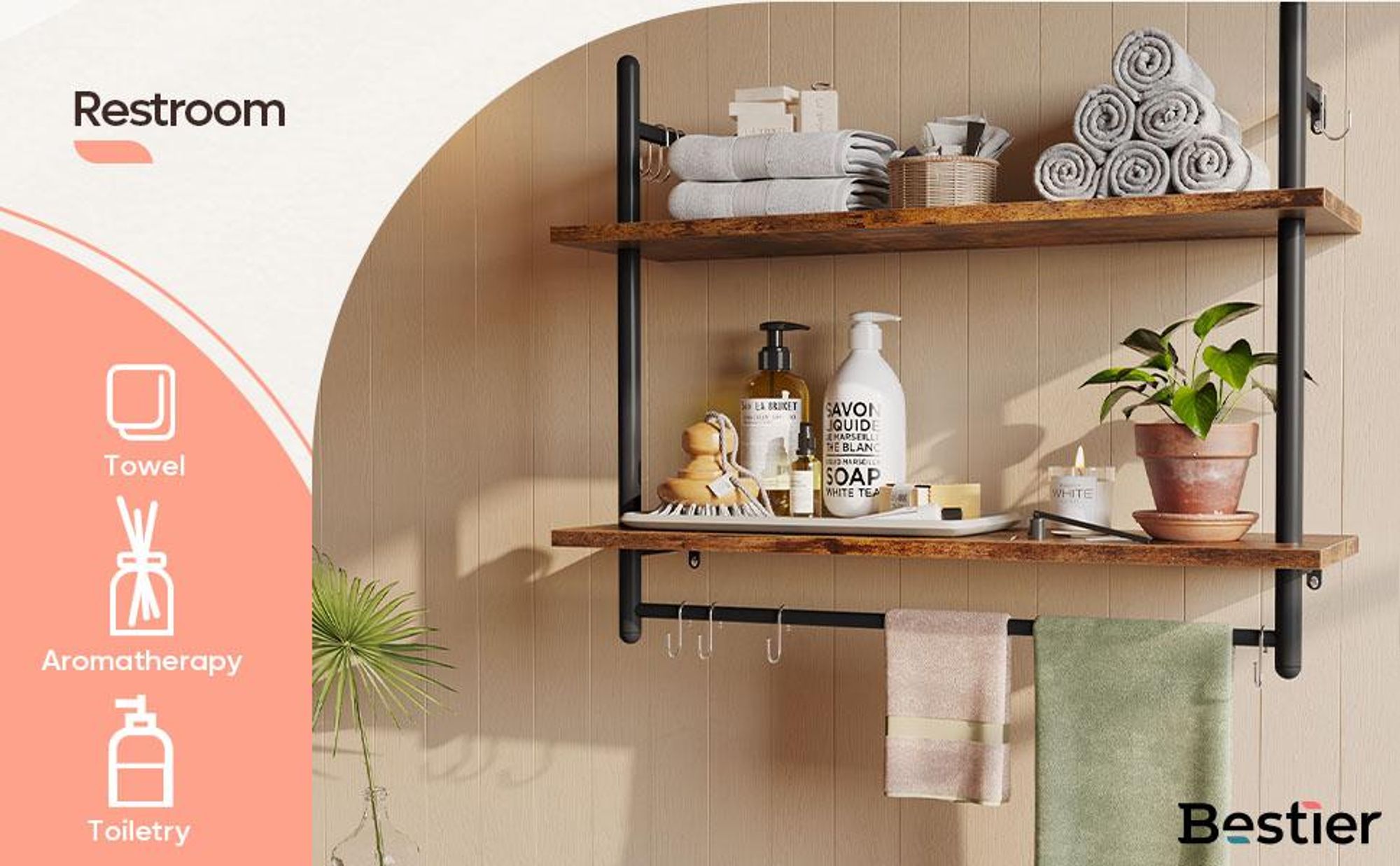 Wandregal Industrie-Look mit Haken, 80x64cm - Küchenregal schwebend - Deko Regal Holz - wand wandregal Für Wohnzimmer, Bad, Büro