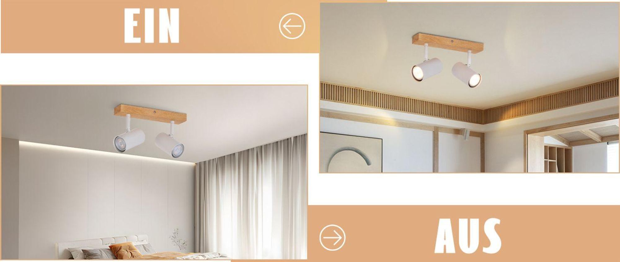 ZMH plafoniera bianca faretto da soffitto 2 fiamme legno plafoniera GU10 faretto da soffitto orientabile 350° faretto per soggiorno camera da letto cucina corridoio sala da pranzo