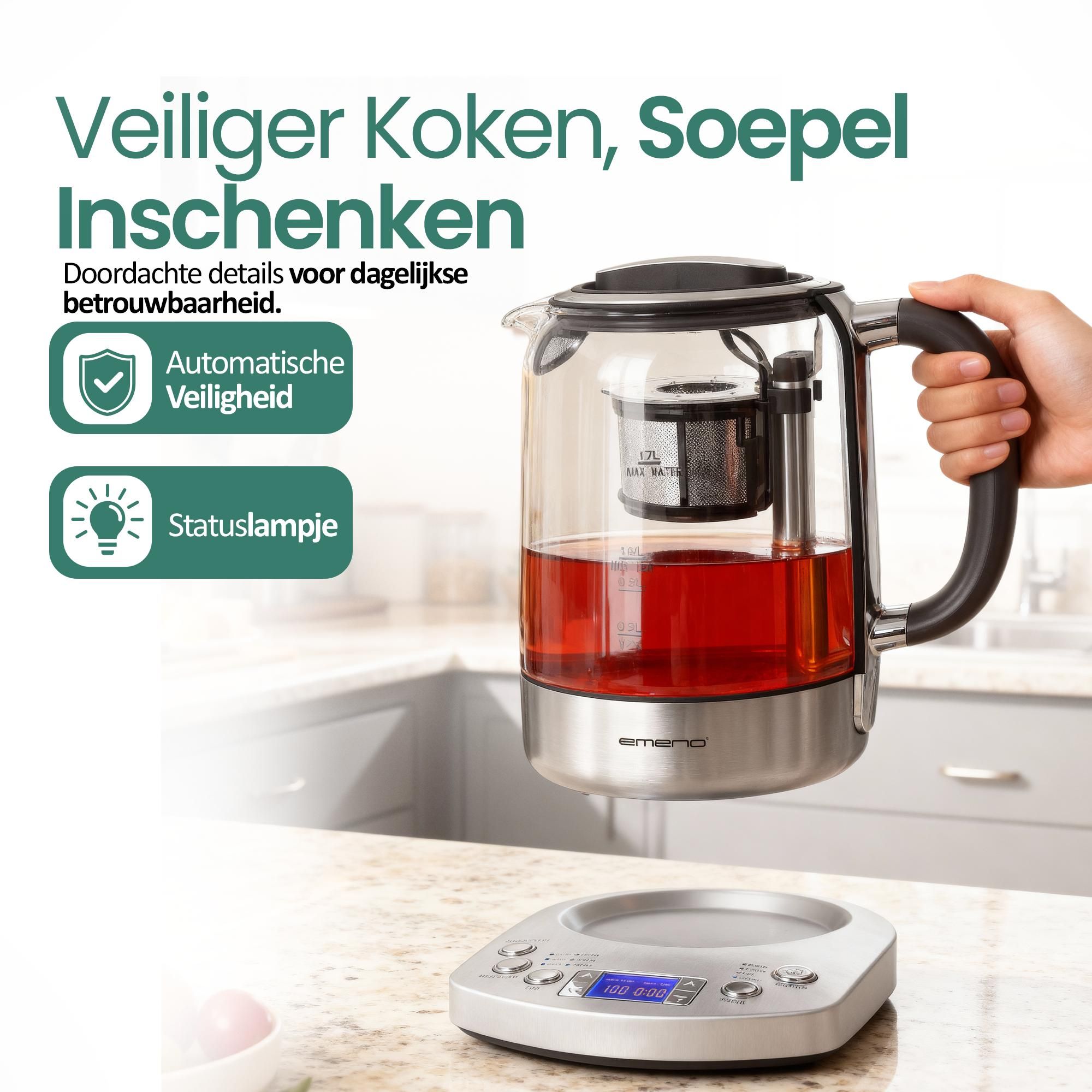 Emerio Glazen Waterkoker WK-122248 – 1,7 Liter – 2200 W – Digitaal – 5 Temperatuurstanden – Warmhoudfunctie – Automatische Theezeef – RVS/Glas