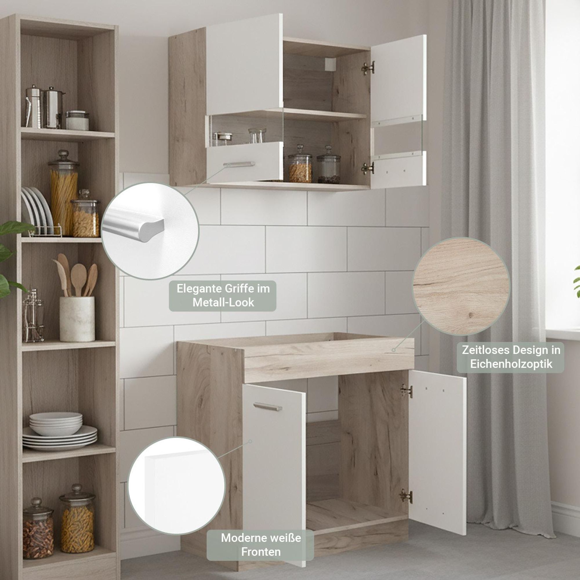 Das Bild zeigt die kleine Kücheneinheit mit zeitlosen Design. Die Griffe sind im Metall Look