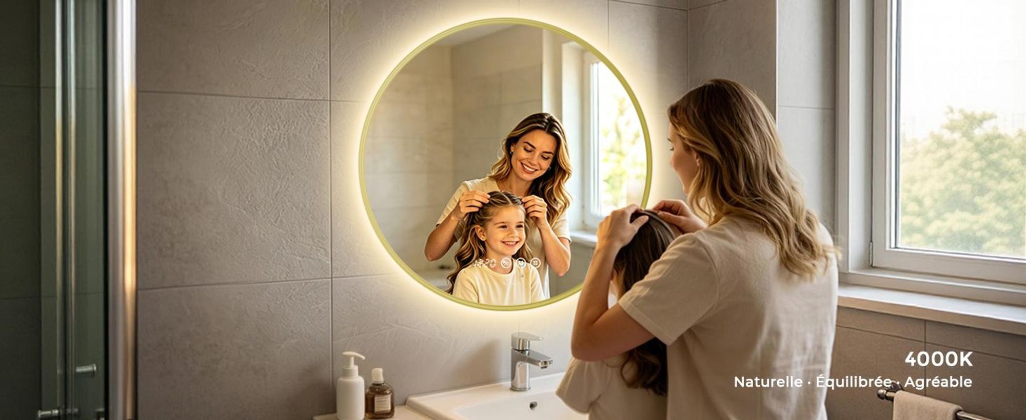S'AFIELINA Miroir Salle de Bain LED Rond 70 cm avec Éclairage, cadre doré, 3 températures de couleur, variateur, antibuée, horloge & température