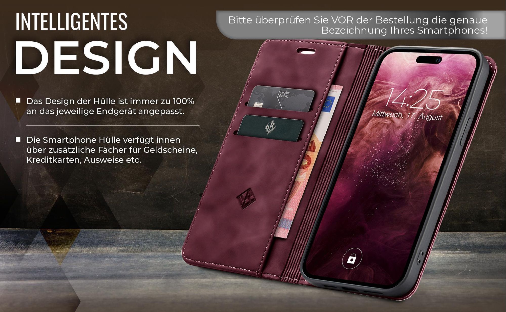 Edle Schutzhülle in Weinrot für Apple iPhone 16 mit Kartenfächern und Geldfach