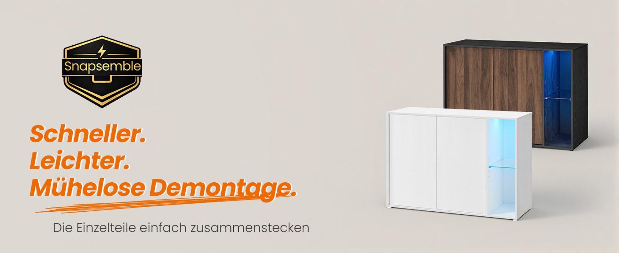 SONGMICS HOME Superschnelle werkzeuglose Montage, Sideboard mit Beleuchtung, 2er Set Aufbewahrungsschrank, TV-Schrank, Glasablage,Toolless-Technologie