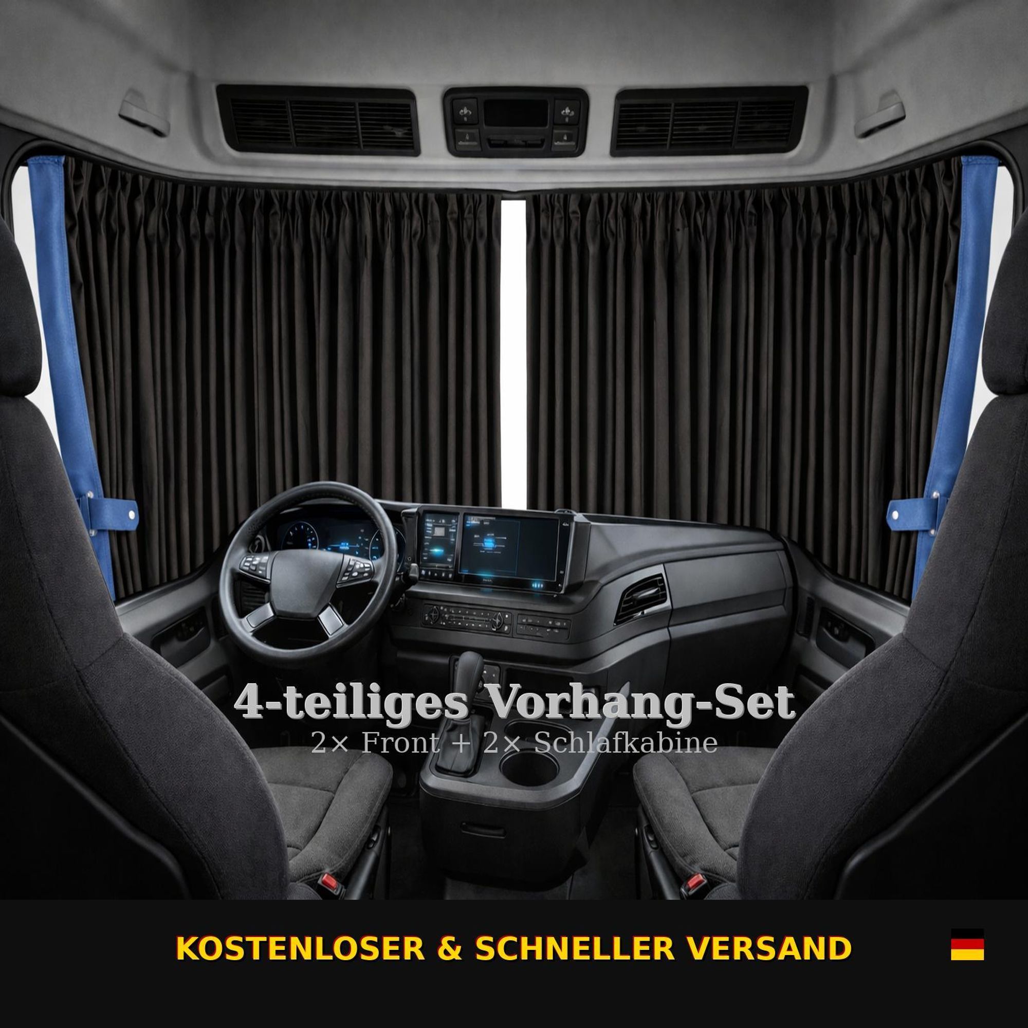 LKW Gardinen DAF CF XF Set 4-tlg Scheibengardinen Front & Schlafkabine Blau