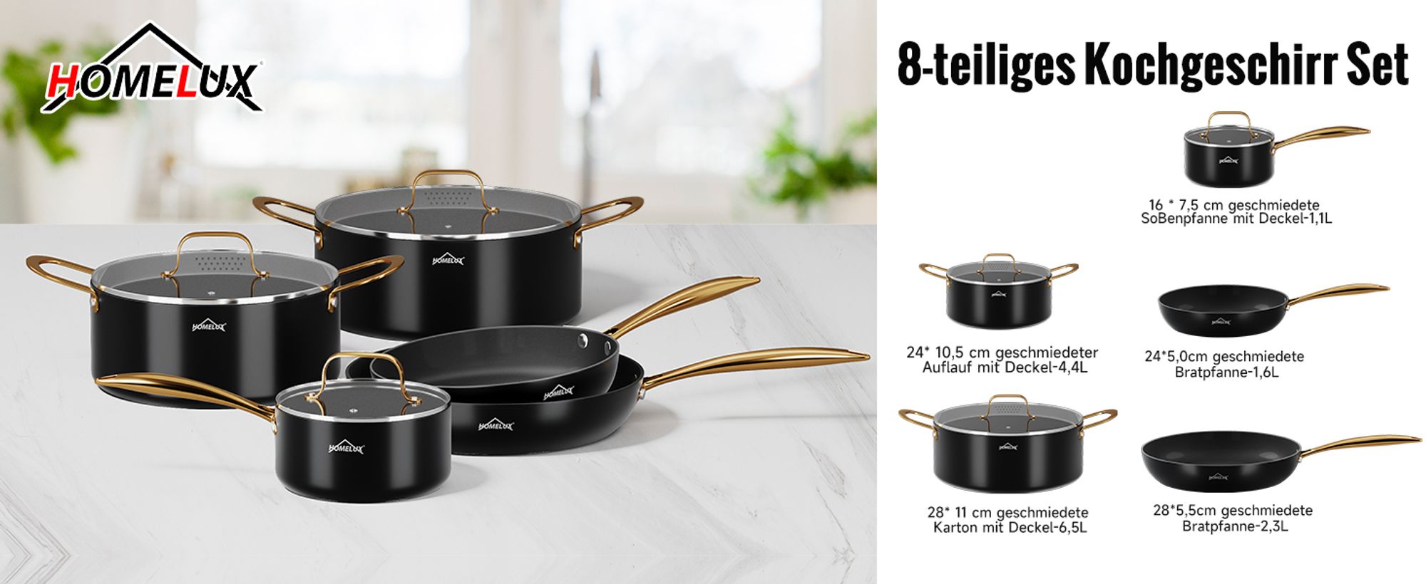 Topfset, HOMELUX Topfset Induktion 8 teilig, Induktions Töpfe Set, Töpfe mit Glasdeckel, Kochtopf-Set, Töpfe und Pfannen set, HL8PC40B
