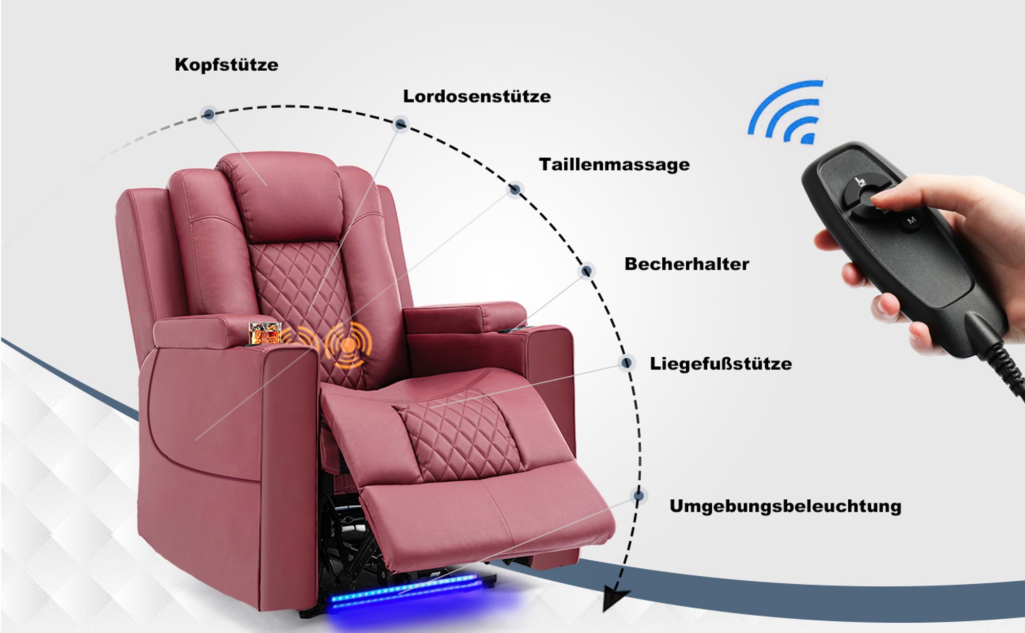 COMHOMA Elektrisch Relaxsessel TV-Sessel mit Massagefunktion, LED-Lichtern, Fernbedienung, Aufbewahrungstasche und 2 Getränkehaltern, rot.