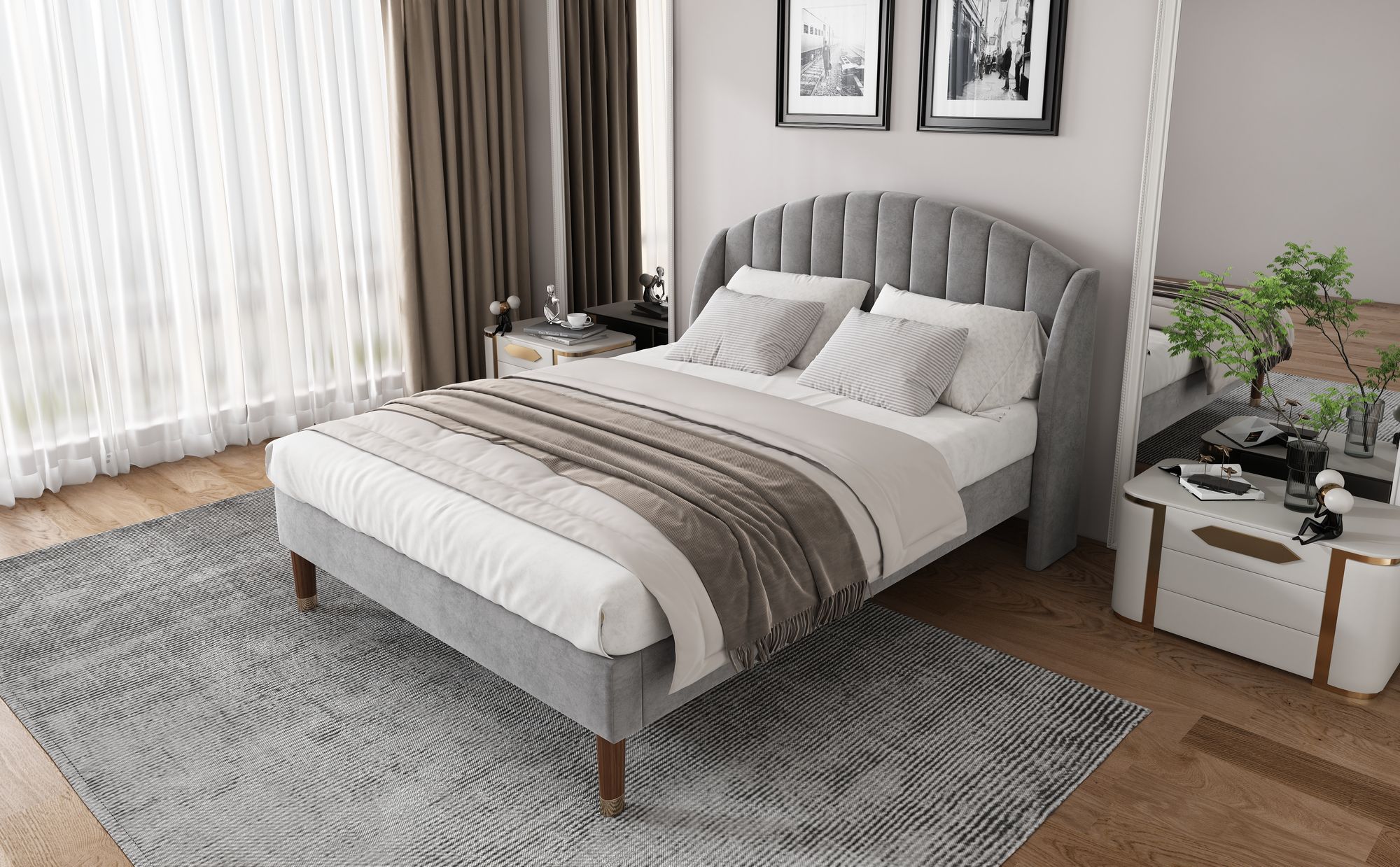 okwish Polsterbett 160*200cm, mit Lattenrost und Kopfteil, Jugendbett, Lattenrost aus Holz, einfache Montage, Samt, Grau