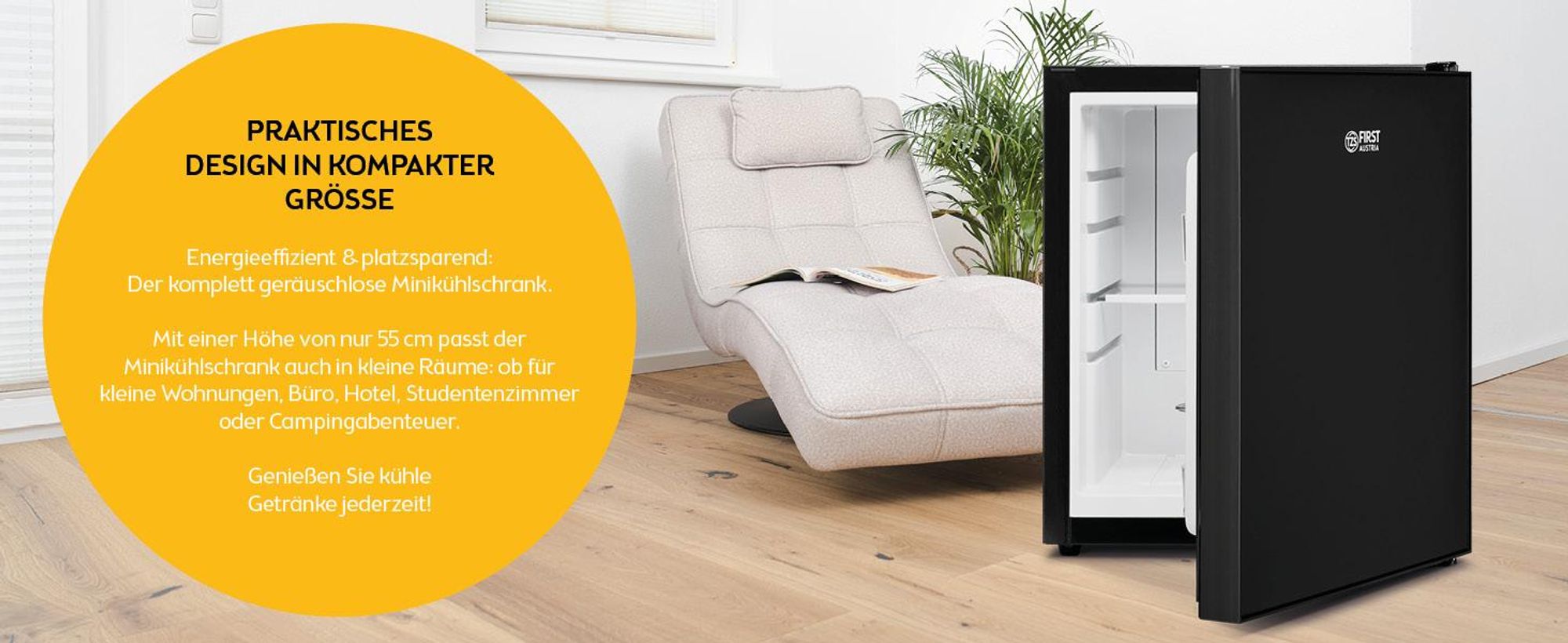 TZS First Austria - Mini Kühlschrank 40L lautlos & - Kleiner Minikühlschrank wechselbarer Türanschlag & Innenbeleuchtung - Minibar für Camping, Büro, Schlafzimmer & Hotel - Glasfront
