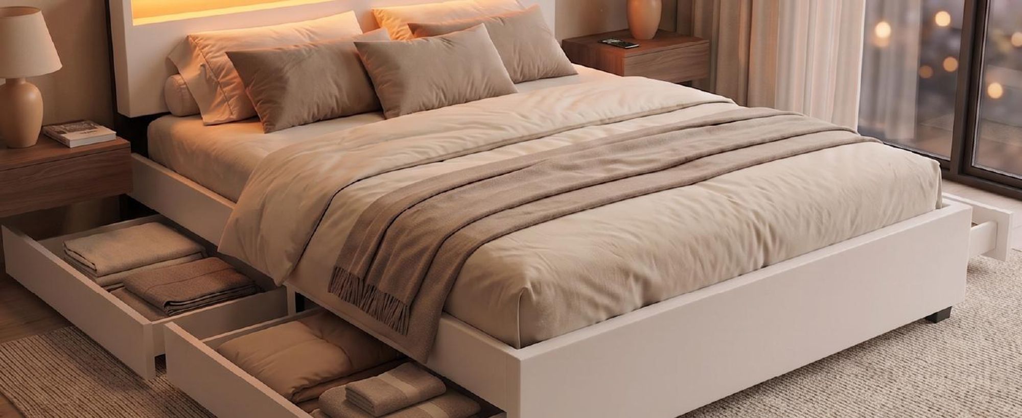 Juskys Polsterbett Lyon 180 x 200 cm weiß – Bettgestell mit Lattenrost, Bettkasten & LED Beleuchtung  – Kunstleder & Holz – Bett Doppelbett