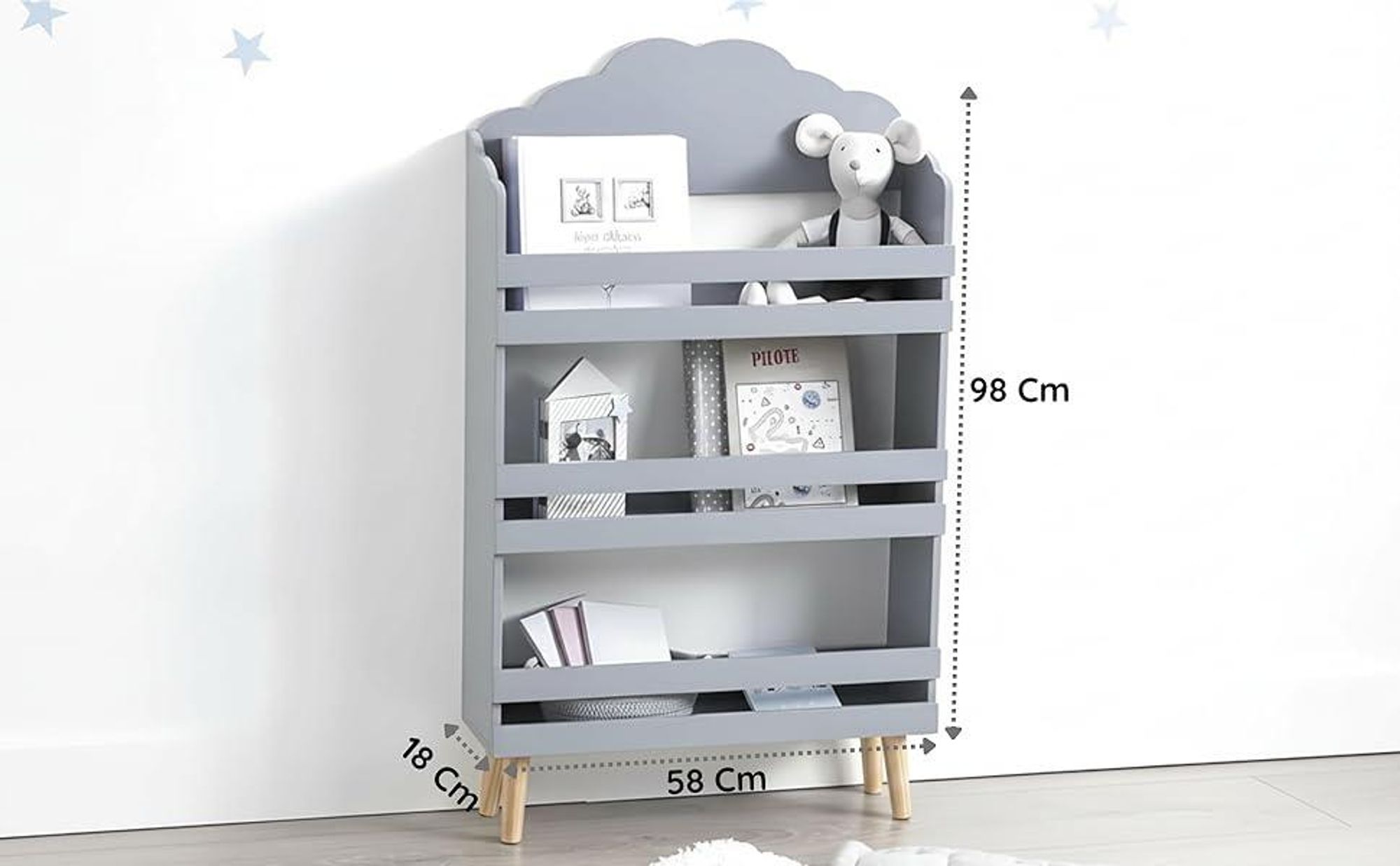 Kinderbücherregal, 3-stöckiges Kinderregal, aus MDF-Holz, 58x18x100cm - Grau