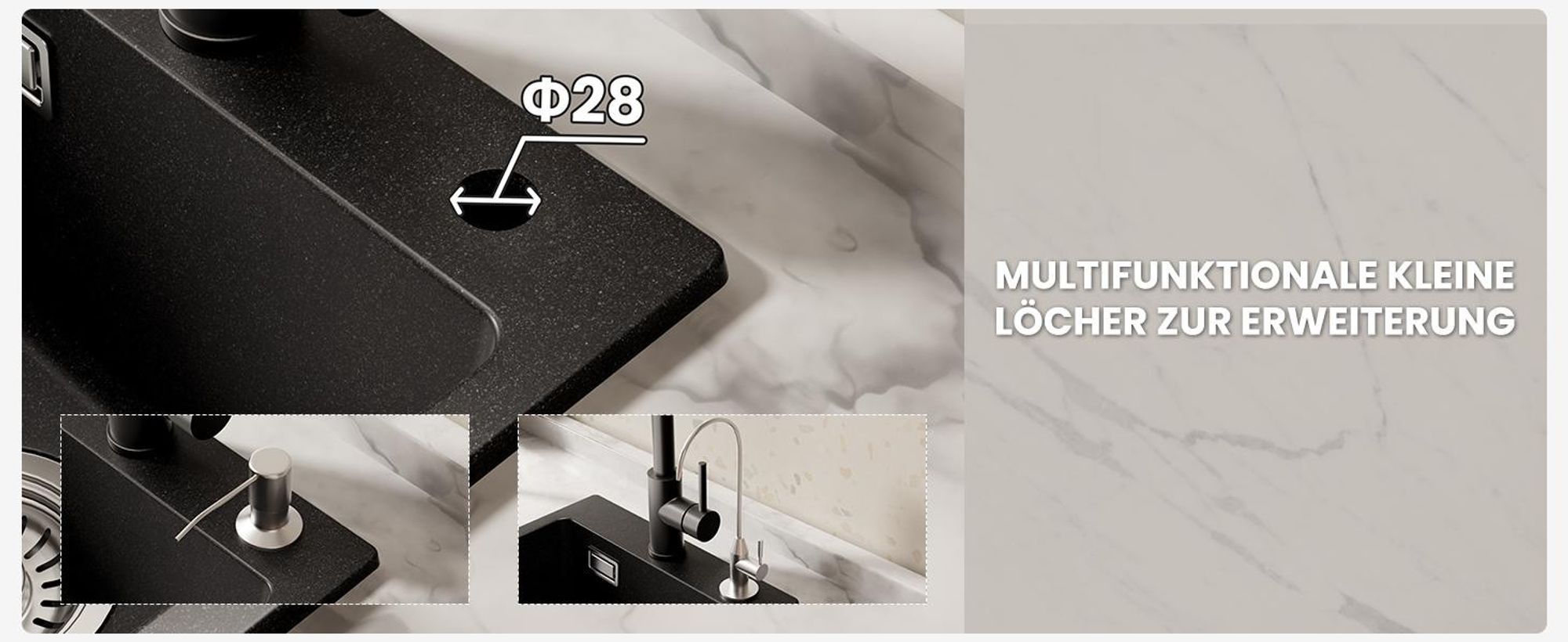 Granitspüle mit Siphon 40 x 45 cm, pflegeleichte & kratzfest Küchenspüle, Hitzebeständig Einbauspüle Schwarz, Cecipa MAX Spülebecken für Küche