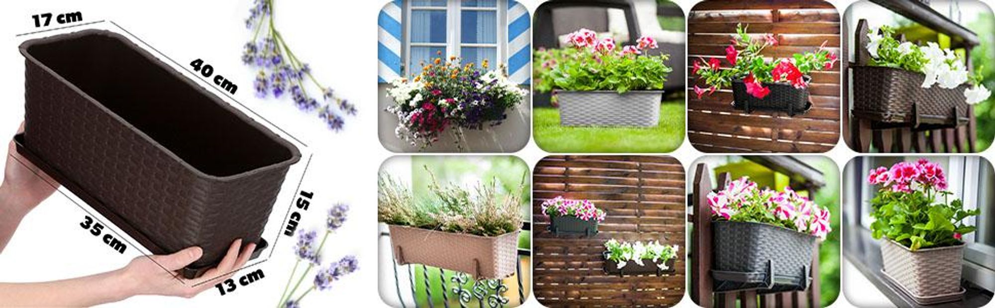 KADAX Blumenkasten 40 cm Braun mit Untersetzer, Rattan-Optik – Pflanzkasten für Balkon oder Fensterbank, langlebiger Balkonkasten