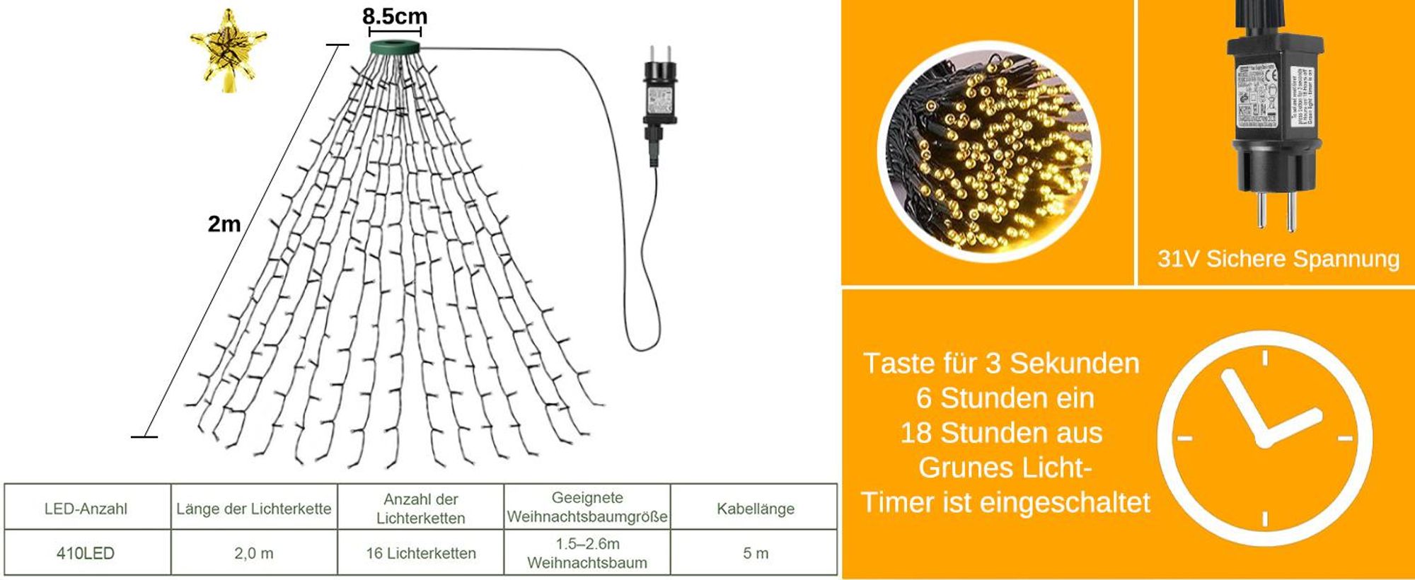 2M Weihnachtsbaum Lichterkette mit Stern 410 LED 8 Lichtmodi Christbaum Lichternetz Wasserdicht Christbaumbeleuchtung