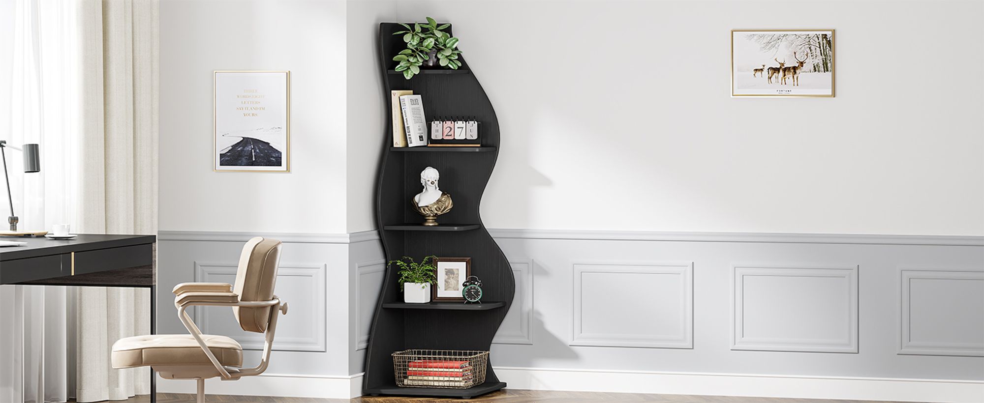 Tribesigns Eckregal, 183 cm hoch, Lagerregal, Bücherregal, Pflanzenständer, Organizer-Einheit, 5 Stufen, Modern, für Zuhause, Büro, Wohnzimmer,Schwarz